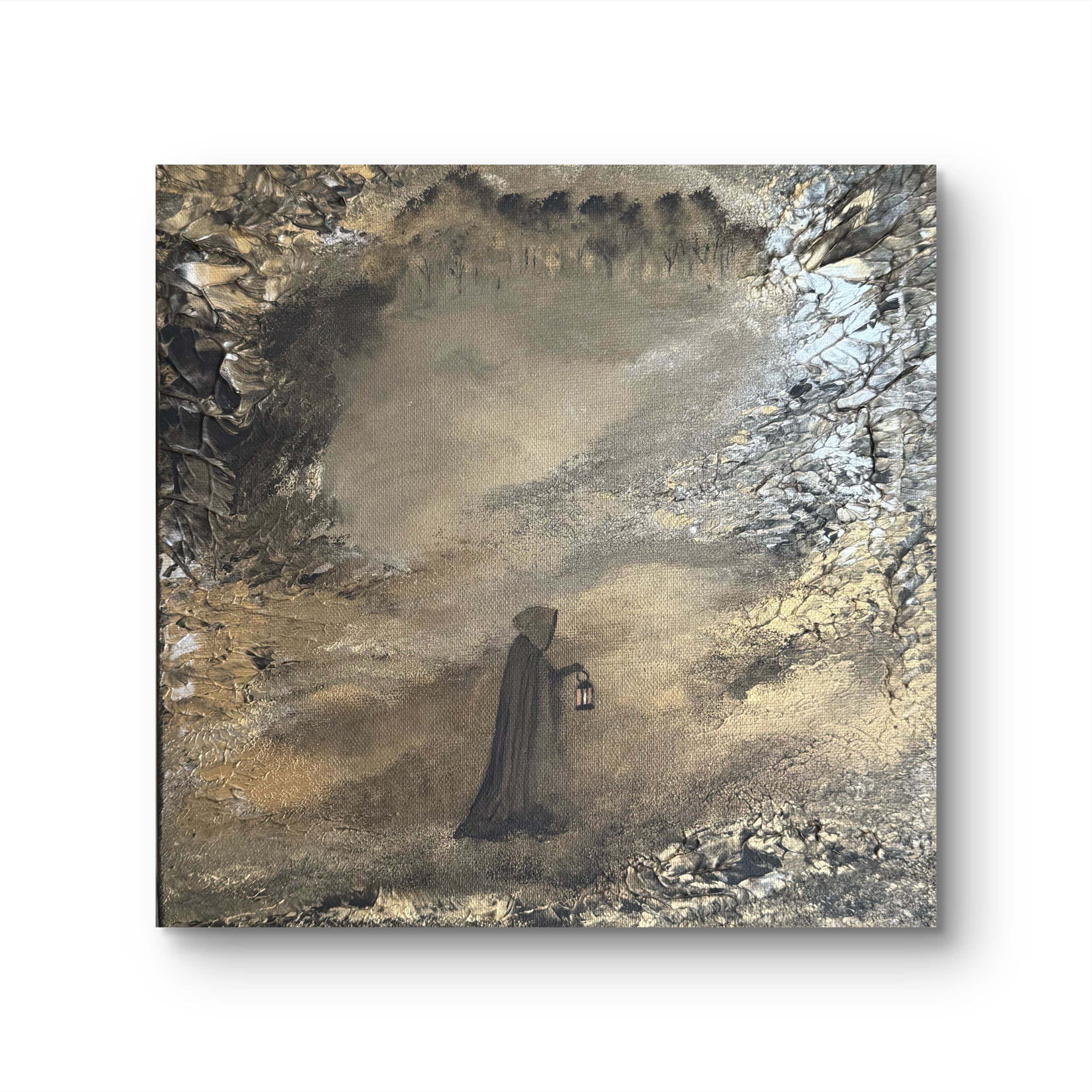 Fantasy Gemälde 30x30 cm – geheimnisvolle Figur mit Laterne - Bronze Look - mystische Landschaft Fantasy Unikat - Mini-Kunst - handgemalt