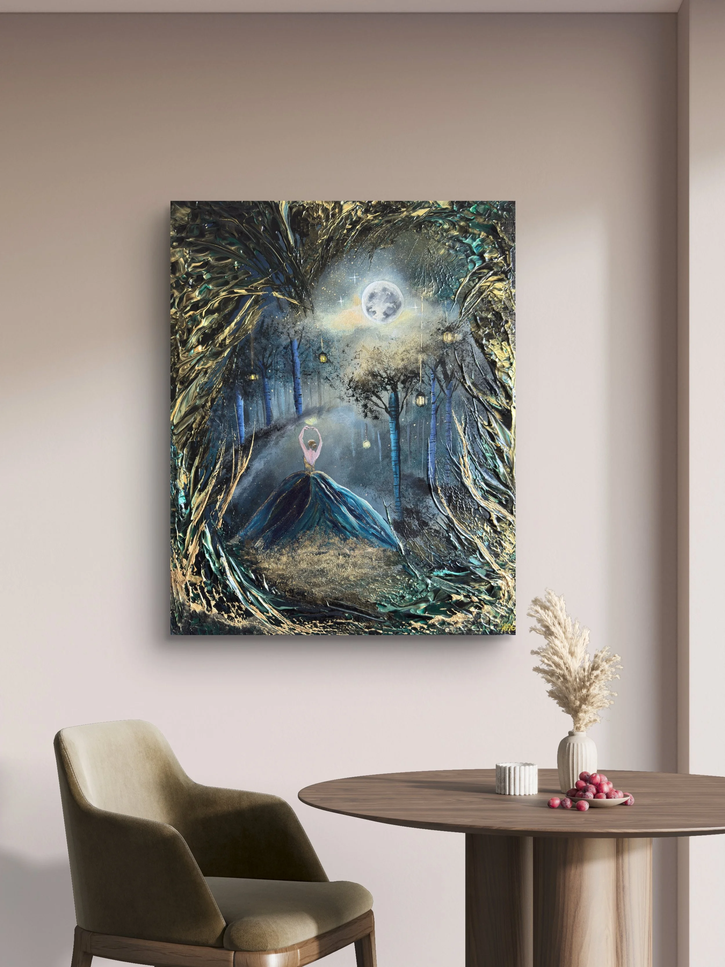 Märchenhaftes Fantasy Gemälde mit Gold kaufen – Handgemalte Waldkunst mit Mondlicht, Tänzerin und magischer Atmosphäre. Original von OSAI ART.