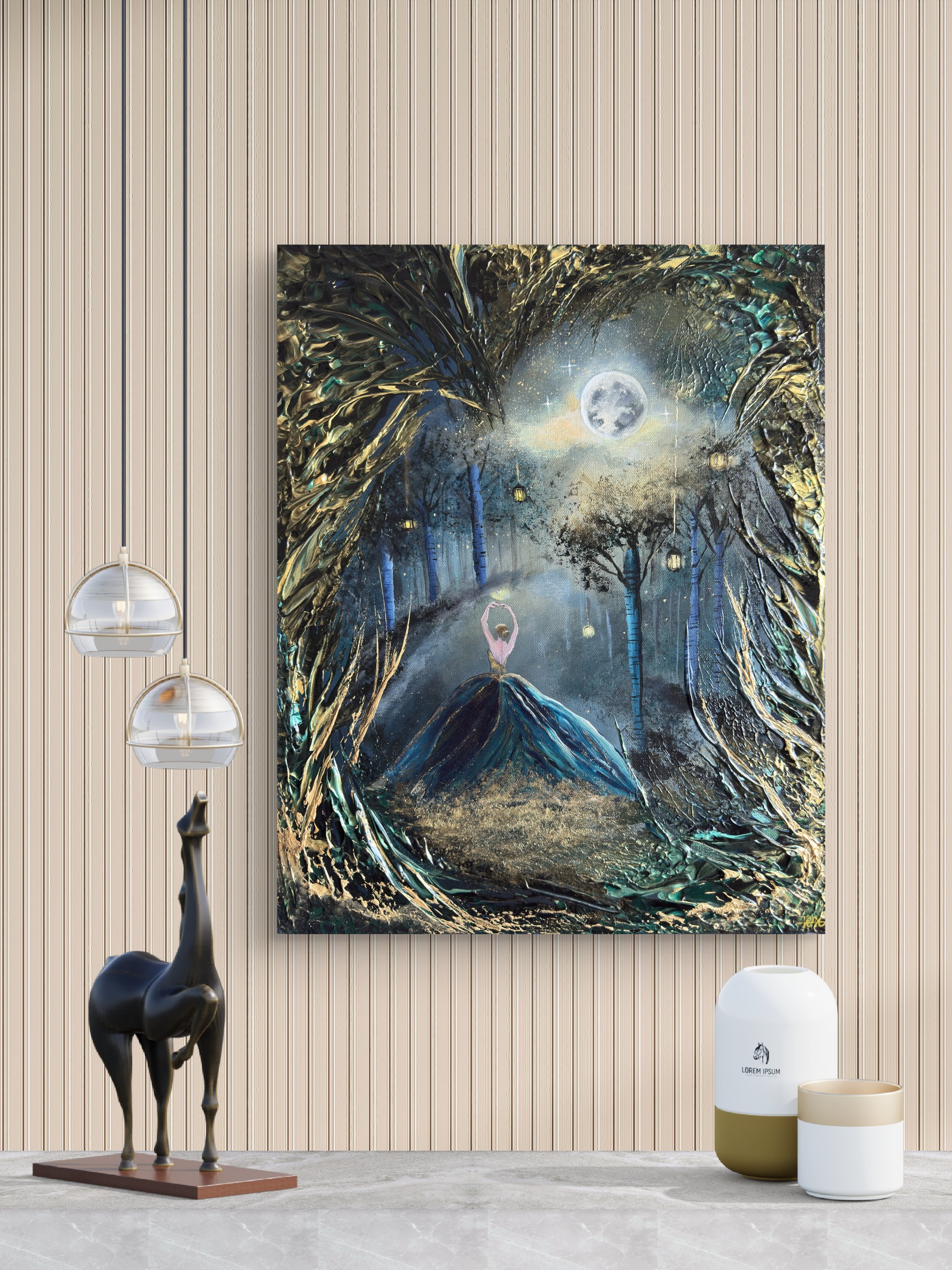 Märchenhaftes Fantasy Gemälde mit Gold kaufen – Handgemalte Waldkunst mit Mondlicht, Tänzerin und magischer Atmosphäre. Original von OSAI ART.
