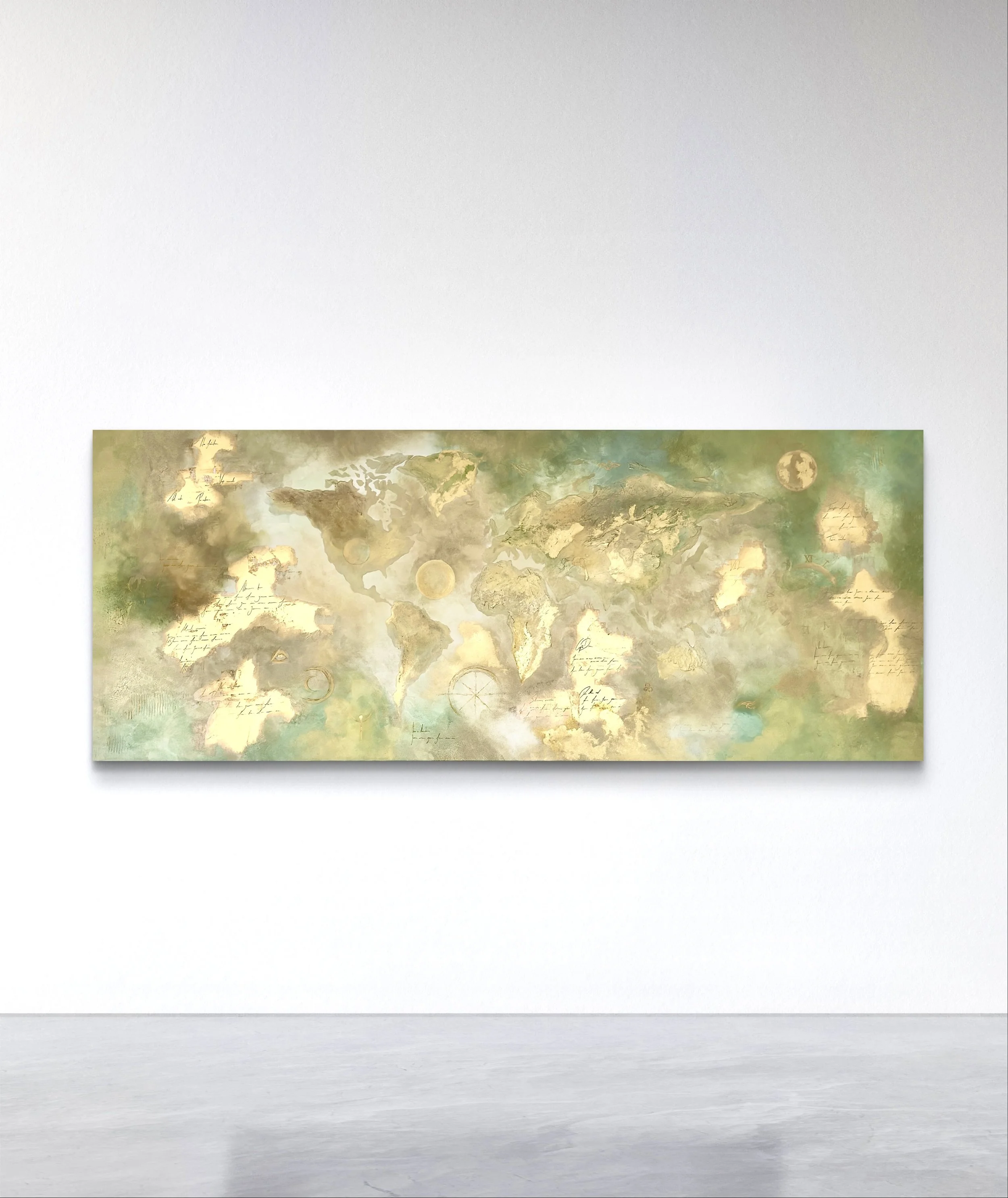 Abstrakte Weltkarte kaufen – Originalgemälde mit Symbolen & Blattgold (80×200 cm)