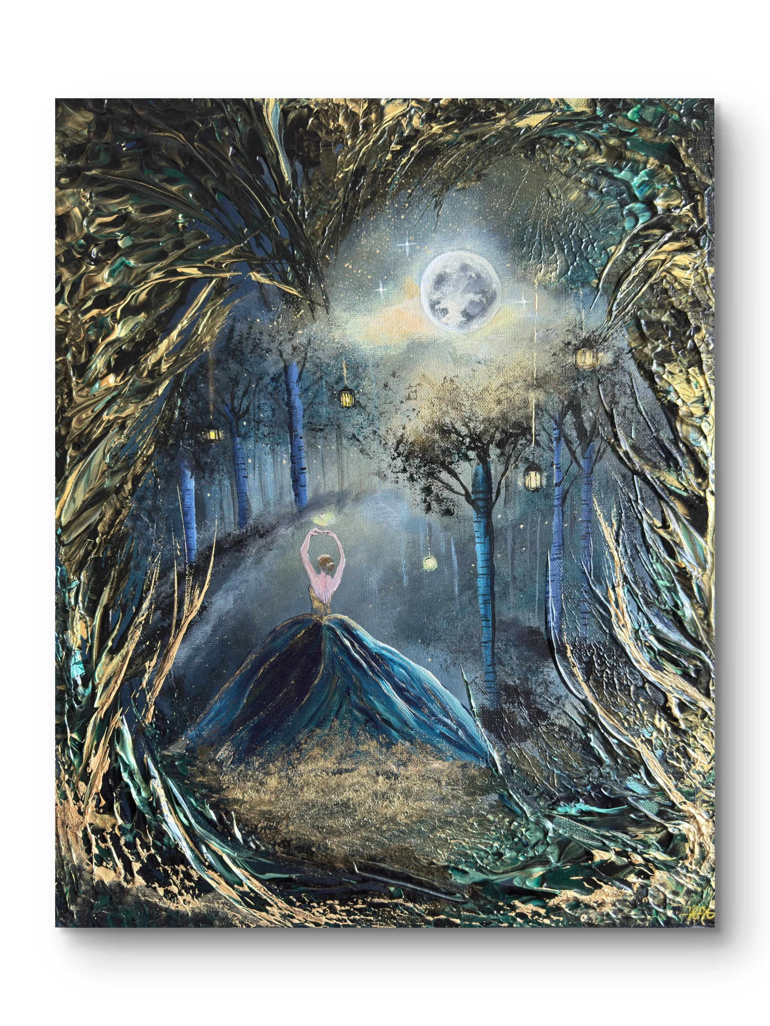Mondzauber im verwunschenen Wald Märchenhaftes Fantasy Gemälde mit Gold und magischer Atmosphäre