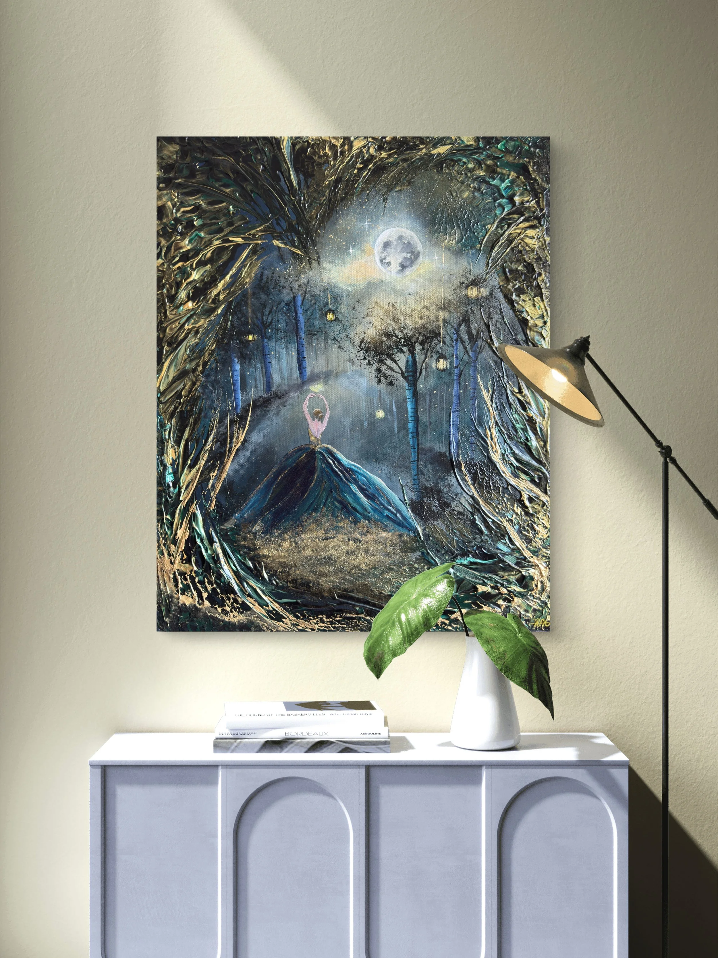 Märchenhaftes Fantasy Gemälde mit Gold kaufen – Handgemalte Waldkunst mit Mondlicht, Tänzerin und magischer Atmosphäre. Original von OSAI ART.