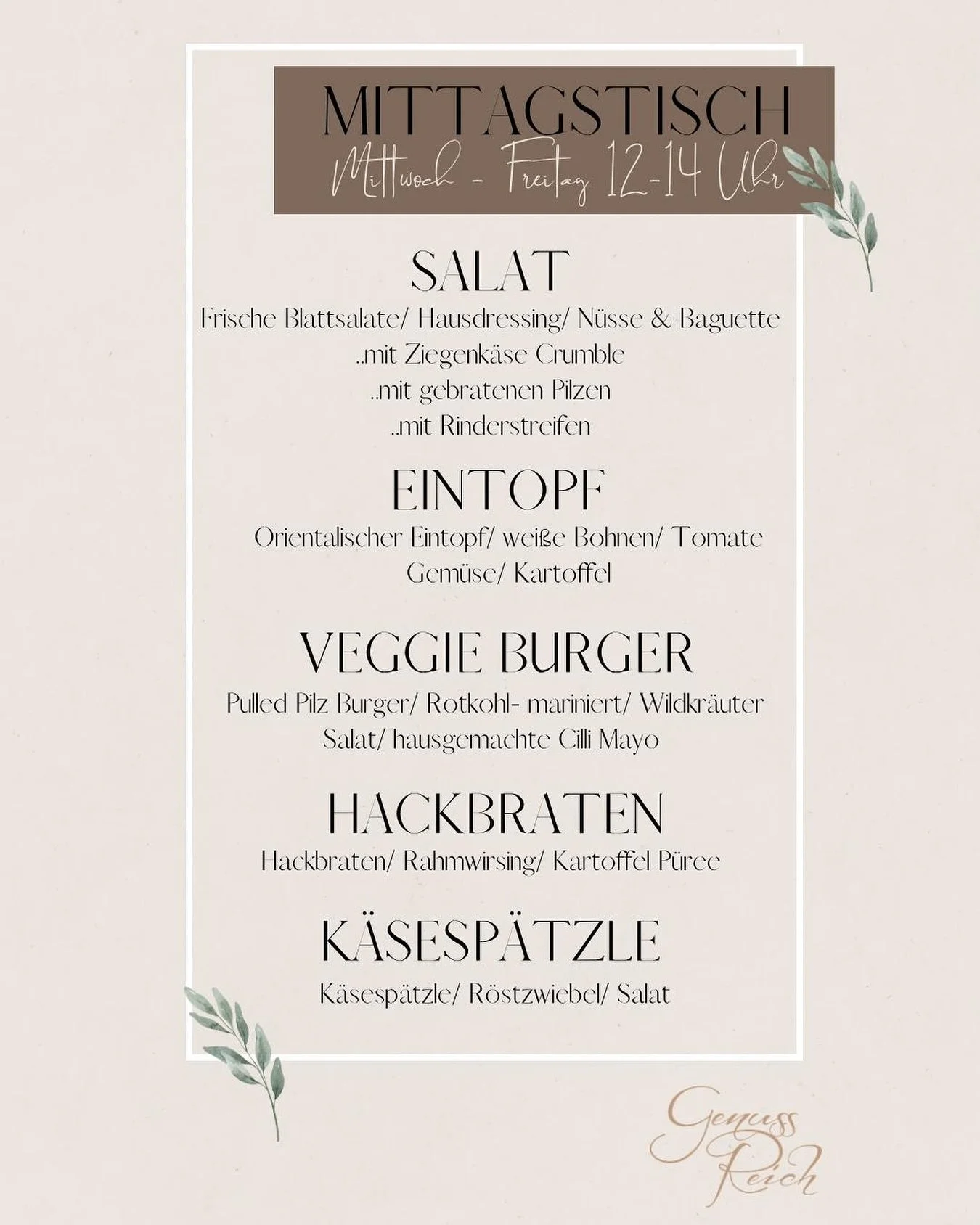 Mittagstisch ❤️

19. - 21.11.25 / 12 - 14 Uhr

#mittag #pause #mittagstisch #genuss #mittagstisch #genussreichseligenstadt #seligenstadt