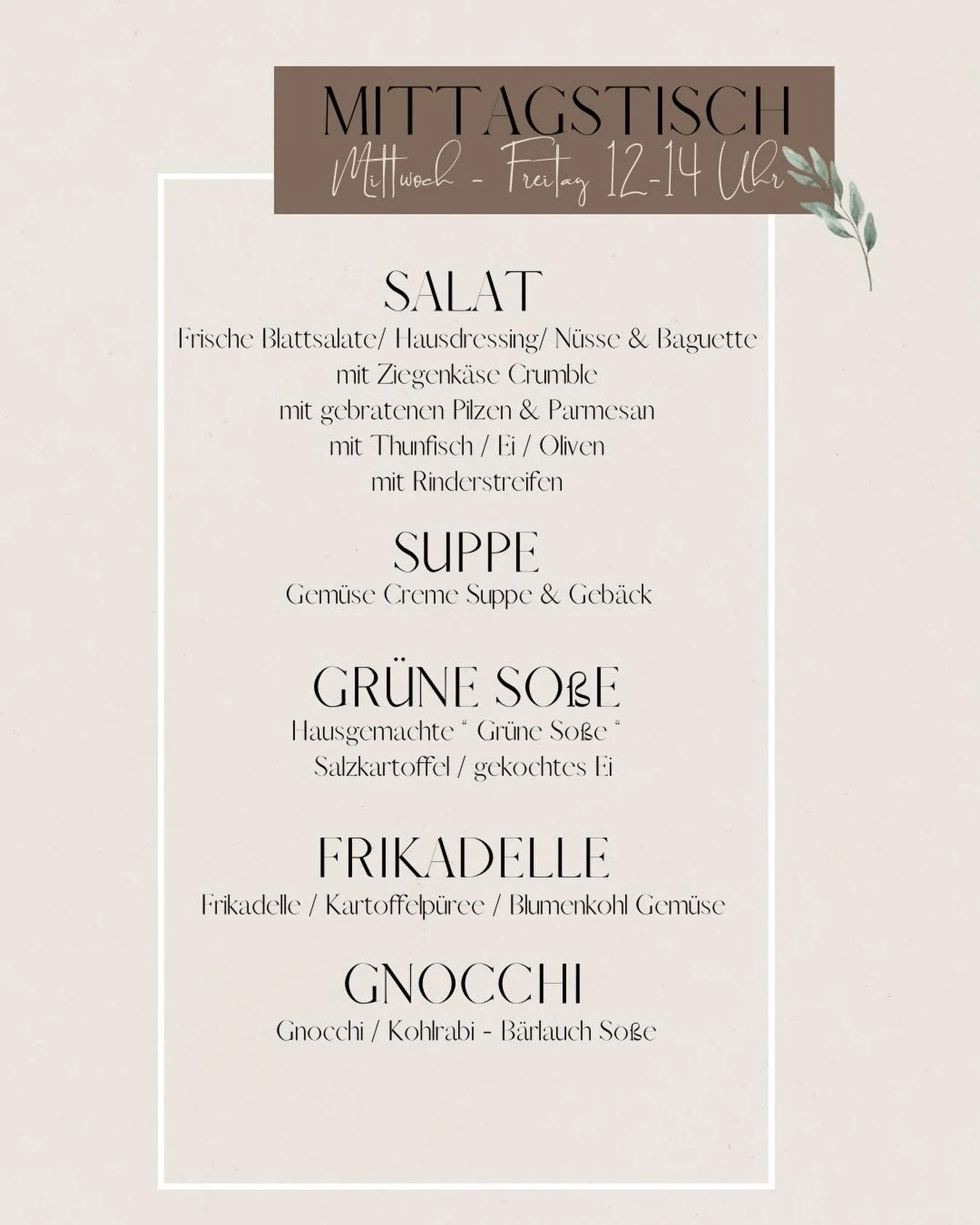 Mittagstisch 🍴

25. - 27. M&auml;rz 2026 von 12 bis 14 Uhr

#mittagstisch #caf&eacute; #pause #genussreichseligenstadt #seligenstadt