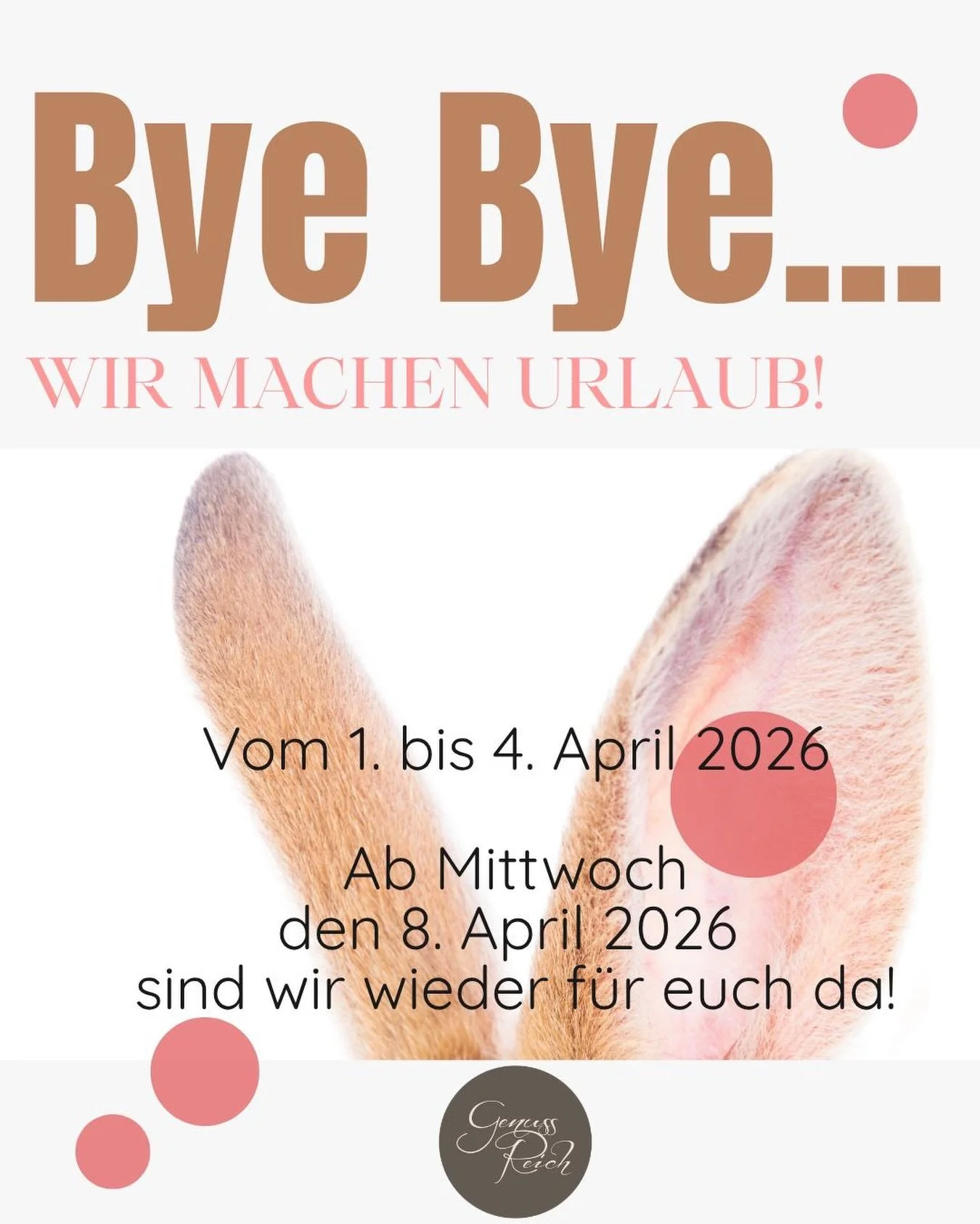 Wir machen Urlaub ❤️

W&uuml;nschen euch sch&ouml;ne Osterfeiertage 🐰

#urlaub #ostern #genussreichseligenstadt #caf&eacute; #seligenstadt