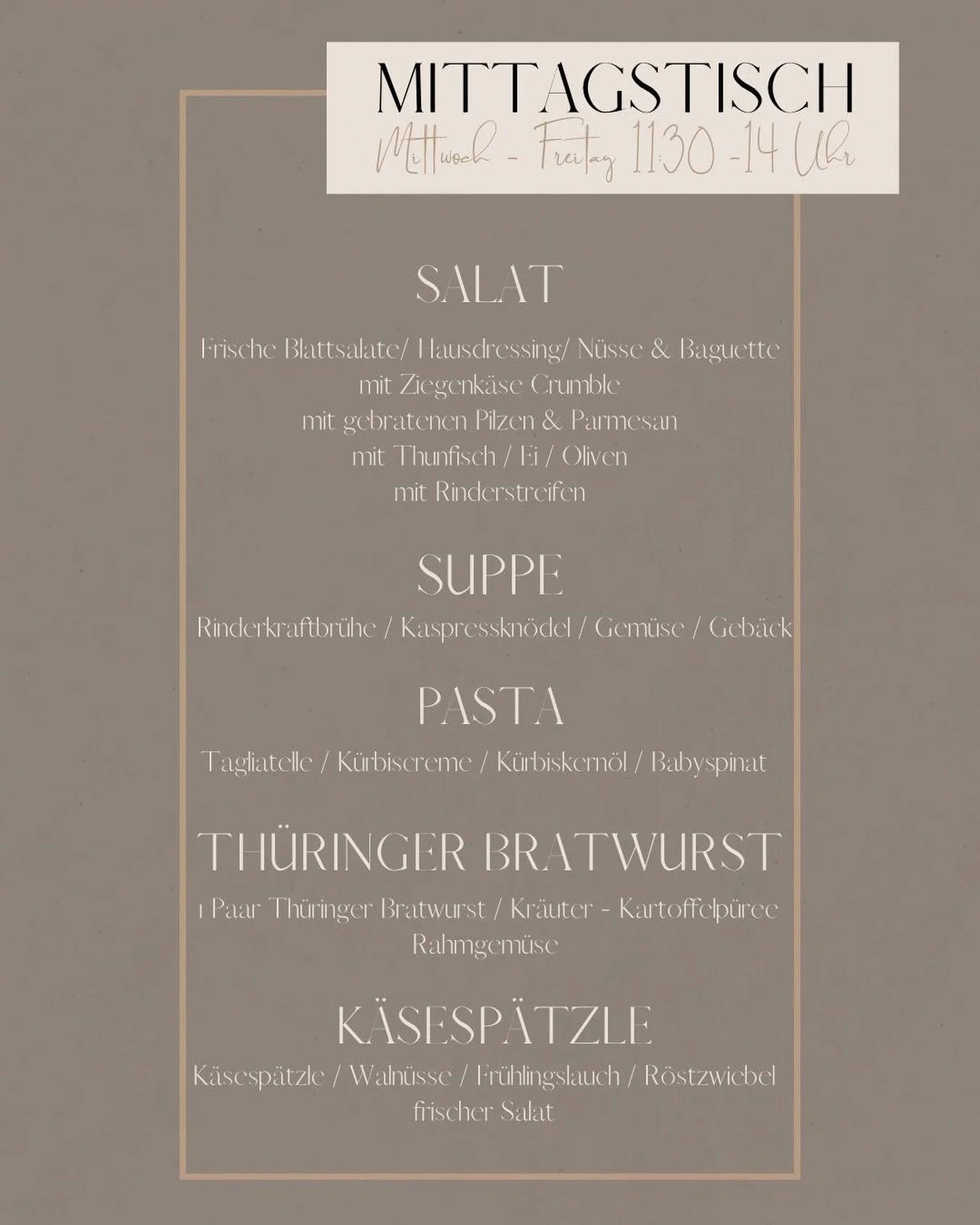 Mittagstisch 🍴

16. - 18. September 2026 von 11:30 Uhr bis 14 Uhr

#mittagstisch #caf&eacute; #pause #genussreichseligenstadt #seligenstadt