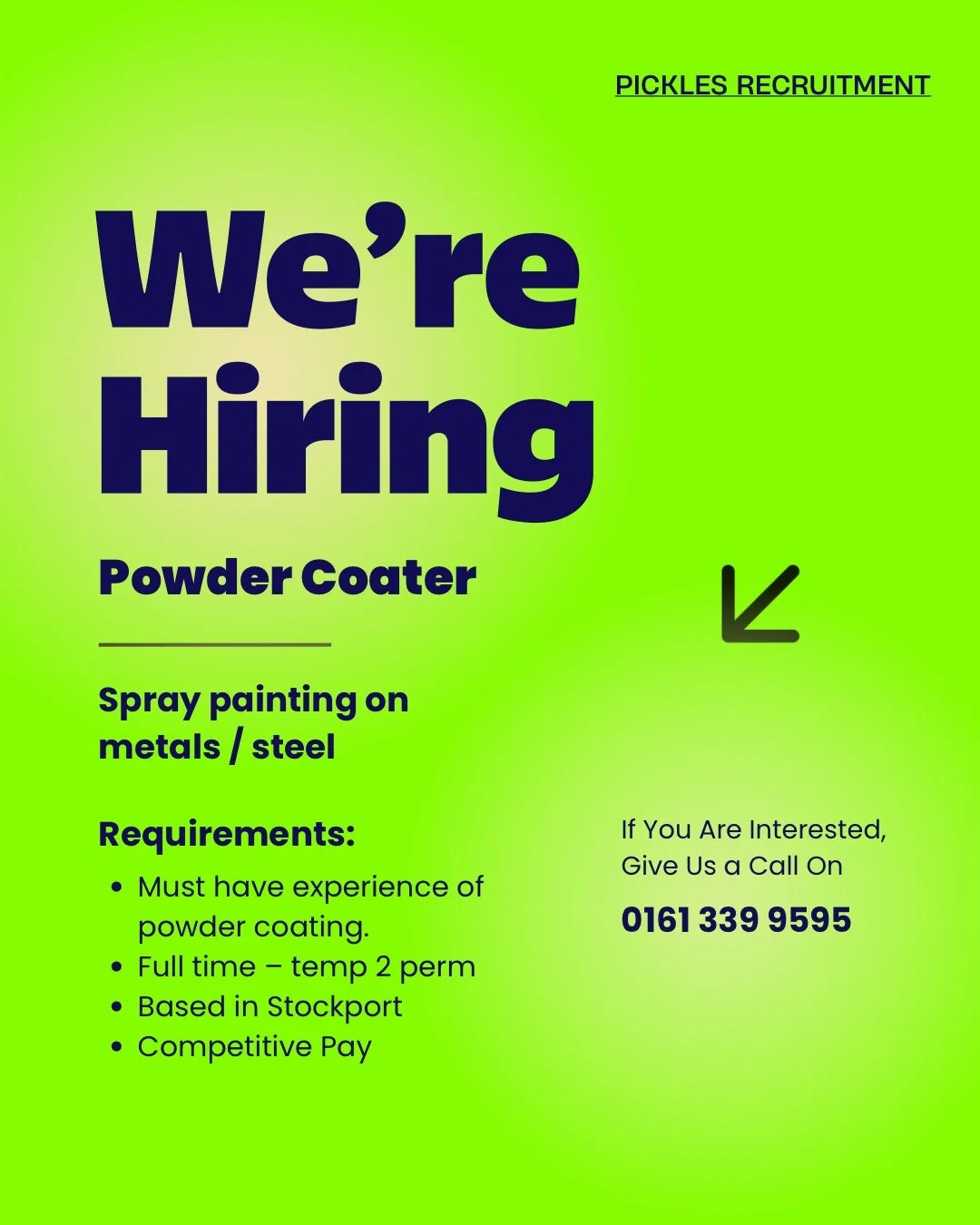 ❗️Job Opportunity: Powder Coater (Spray Painting on Metals/Steel)

Our client in Stockport is looking for an experienced Powder Coater to join their team!

- Must have powder coating experience
- Full-time &ndash; Temp to Perm
- Competitive salary

?