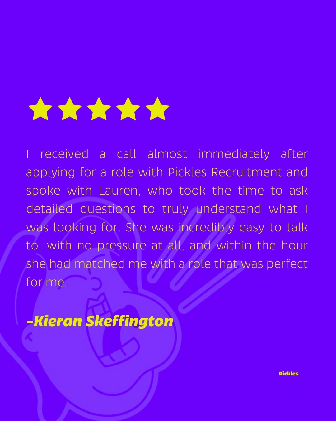 Kieran, this has absolutely made our day! 😄 Huge shoutout to Lauren for working her matchmaking magic 💜

Thanks  for the lovely words and best of luck smashing it in your new role 👏

#jobsagooden' #Lifestoshorttohatewhatyoudo #Picklesrecruitment #