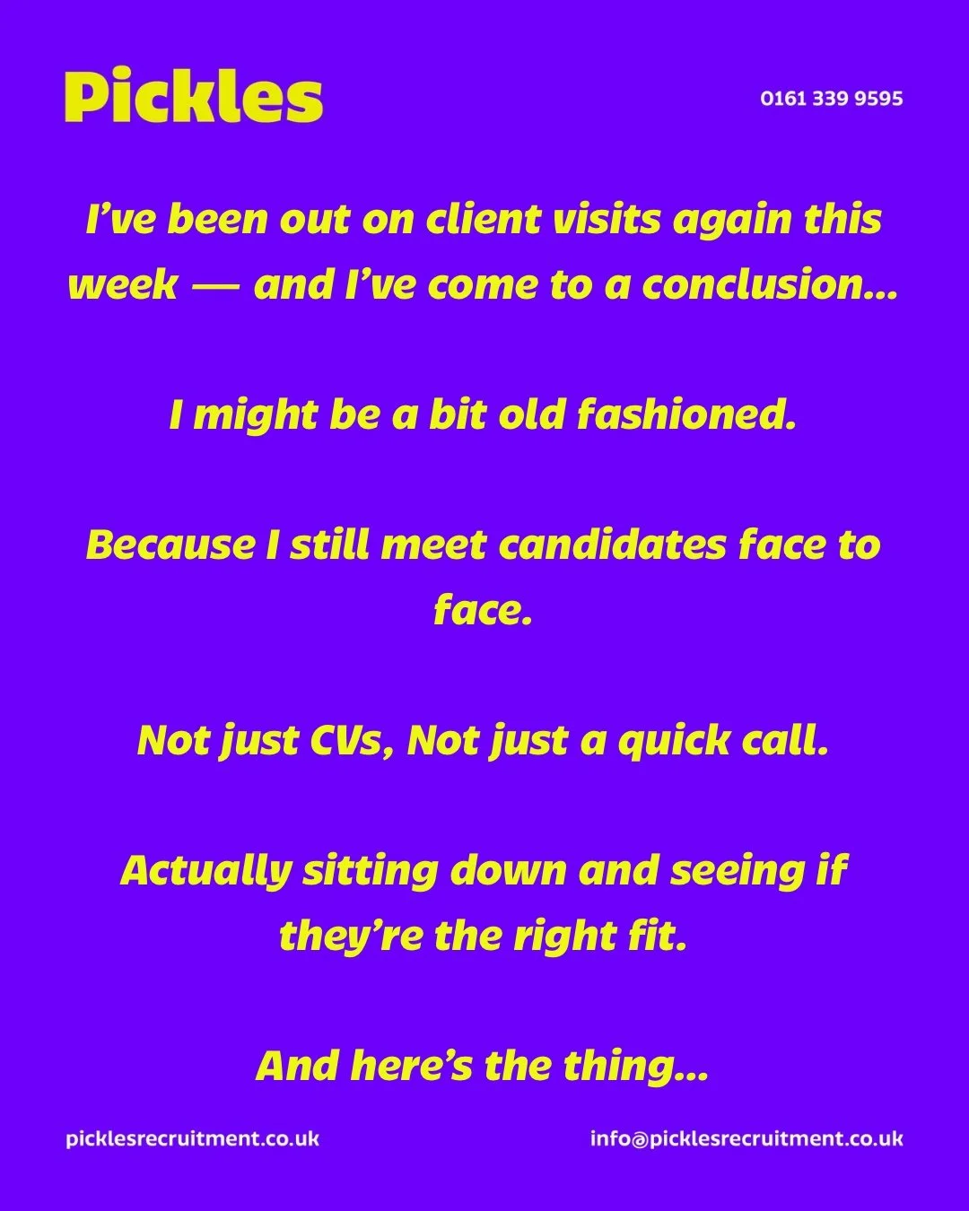Call us old fashioned&hellip; but we&rsquo;ll take real conversations over rushed placements every time.

Because a &ldquo;perfect CV&rdquo; means nothing if it doesn&rsquo;t translate in person.

We don&rsquo;t send &ldquo;maybes.&rdquo;
We send peo