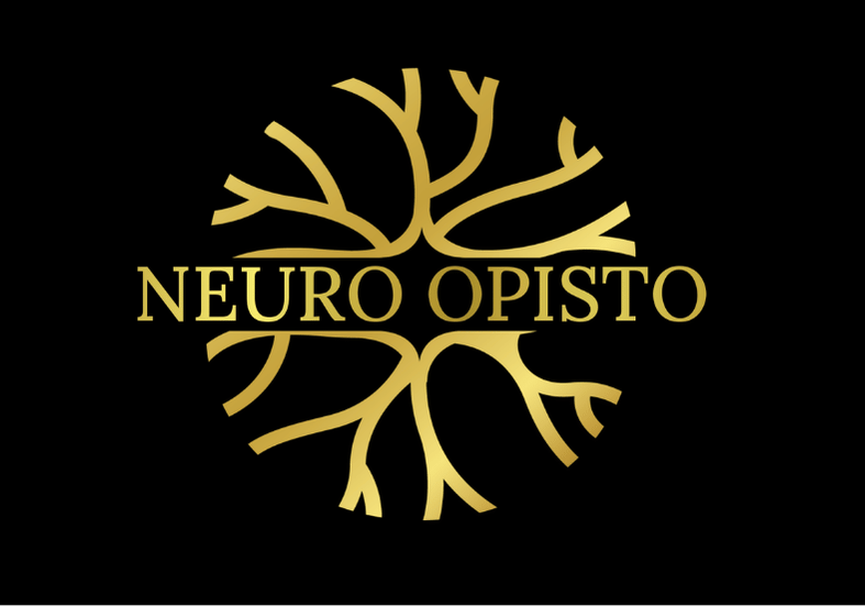 Gold-colored logo of a tree with the text 'NEURO OPISTO' on a black background.