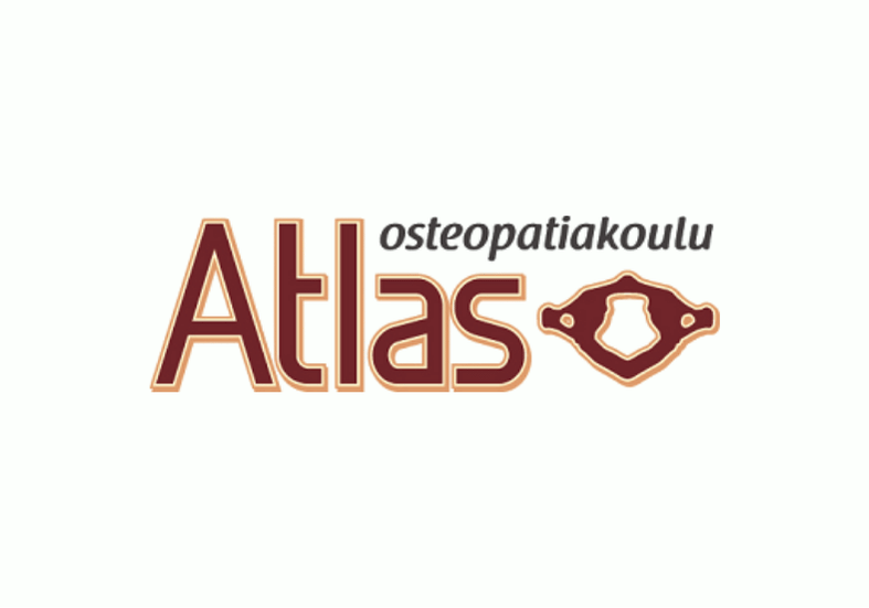 Osteopatiaan keskittyvä Atlas osteopatiakoulu logo, jossa nimi ja selkäranka-aiheinen kuvake.
