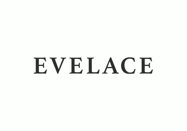 Tekstissä lukee 'EVELACE' mustakirjaimella valkoisella taustalla.