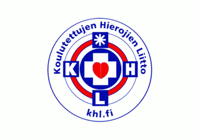 Kuvassa on Kouluttettujien Hierojien Liitto RY -jälleenottoorganisaation logo, joka sisältää sinisen ja valkoisen ristin, punaisen sydämen ja tekstit "Kouluttettujien Hierojien Liitto" ja "khl.fi".