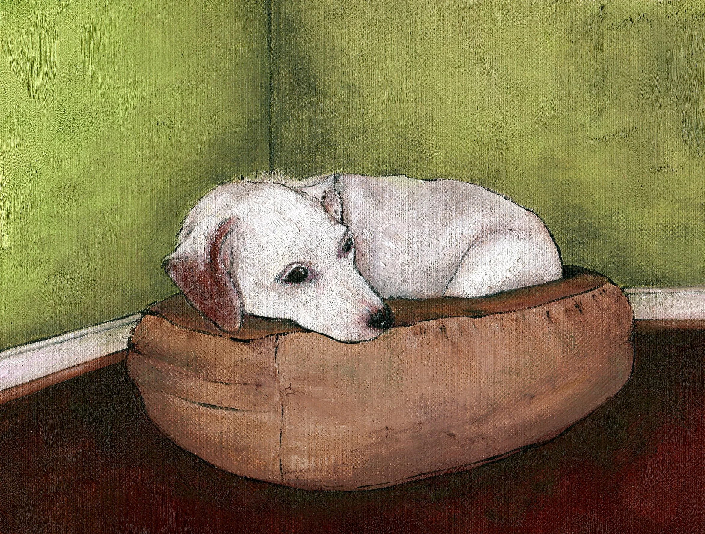 Lucy in Her Bed at Grandma and Grandpa's, oil on paper, 9x12, SOLD