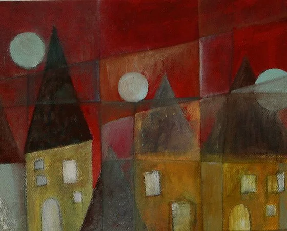 Rooftops with a Red Night Sky, oil on canvas,  SOLD