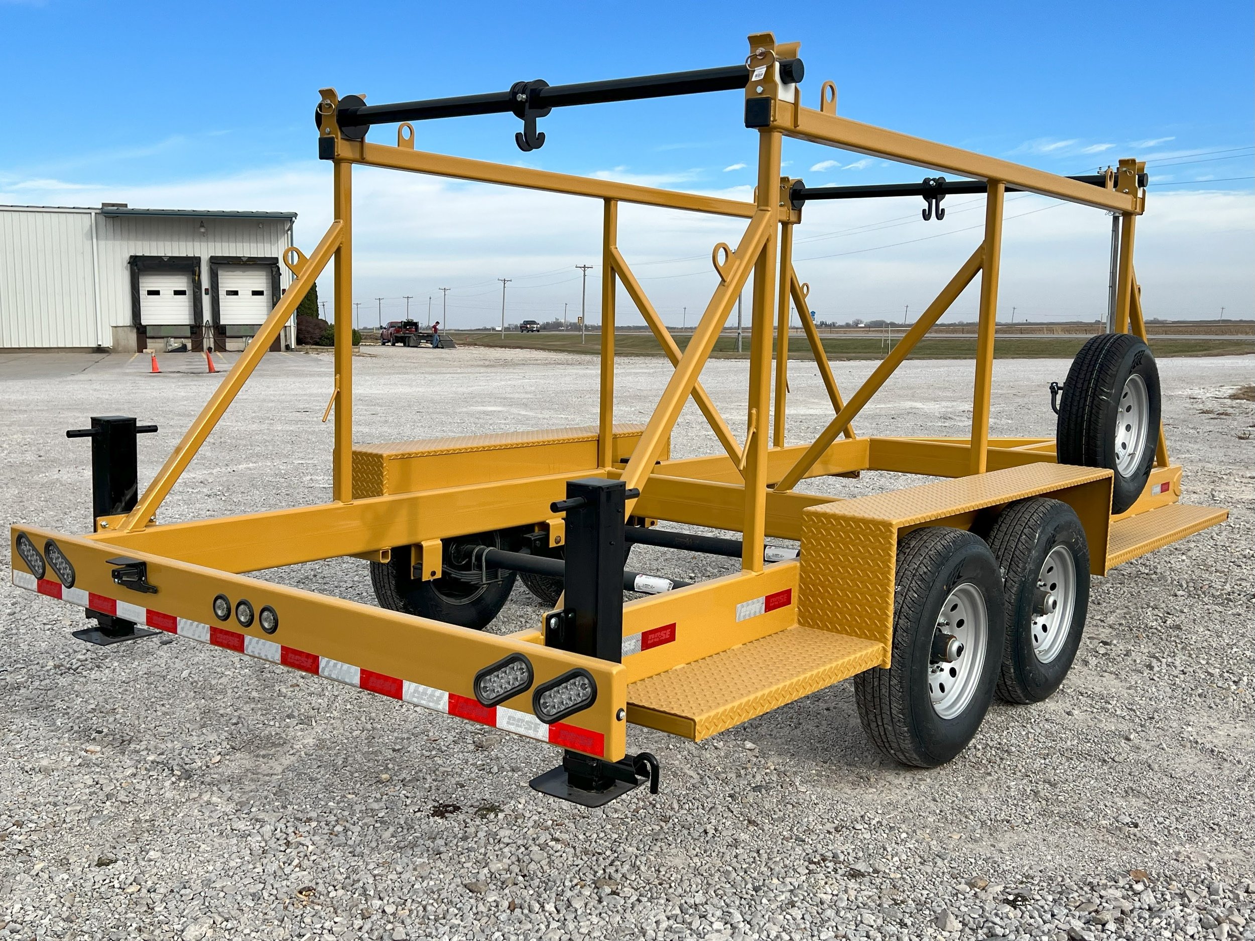 Rear view of Double Reel Cable Innerduct Trailer. Used for Transport and installation of utility products.