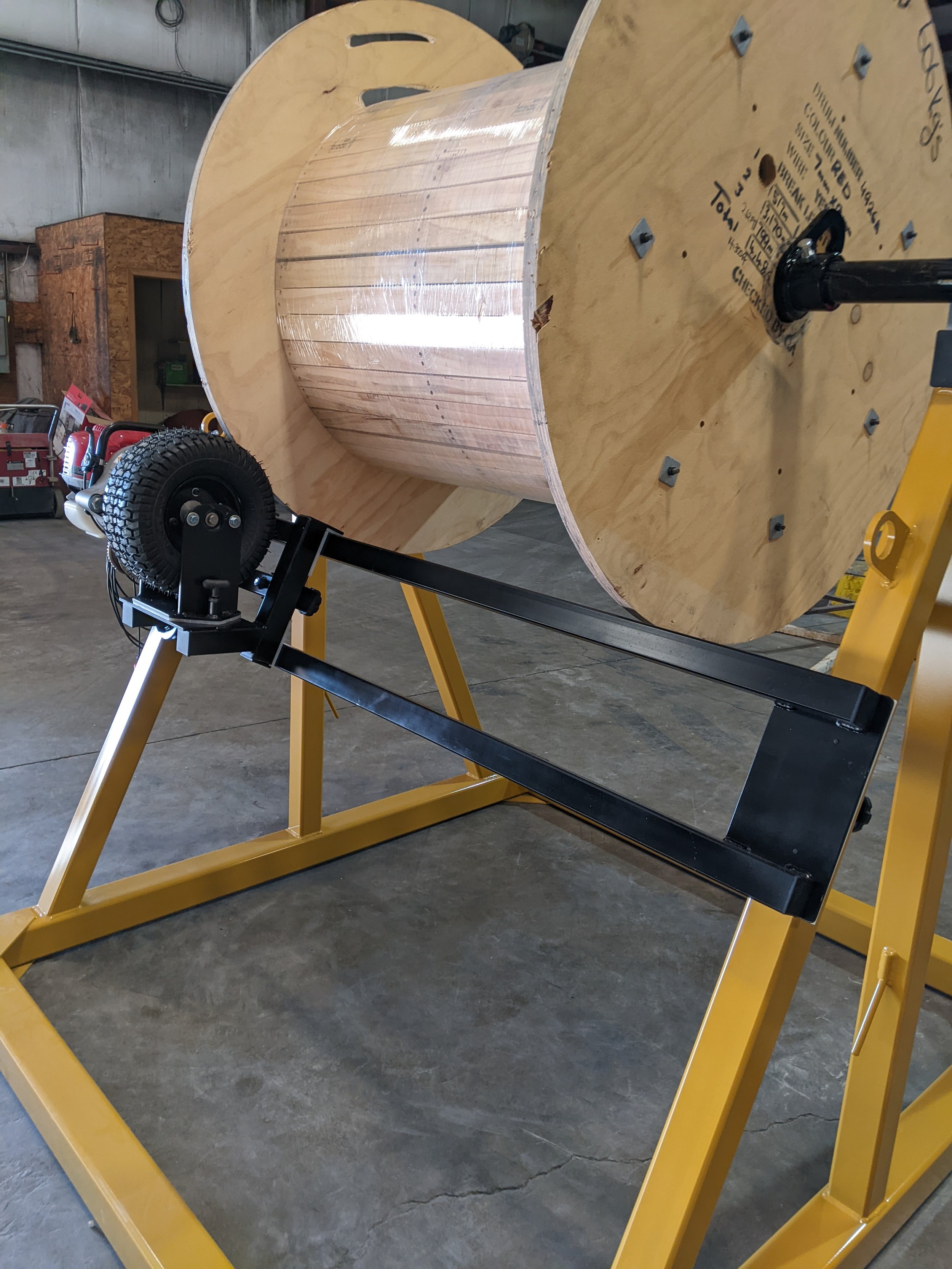 Right side view of reel stand gas powered rewind.