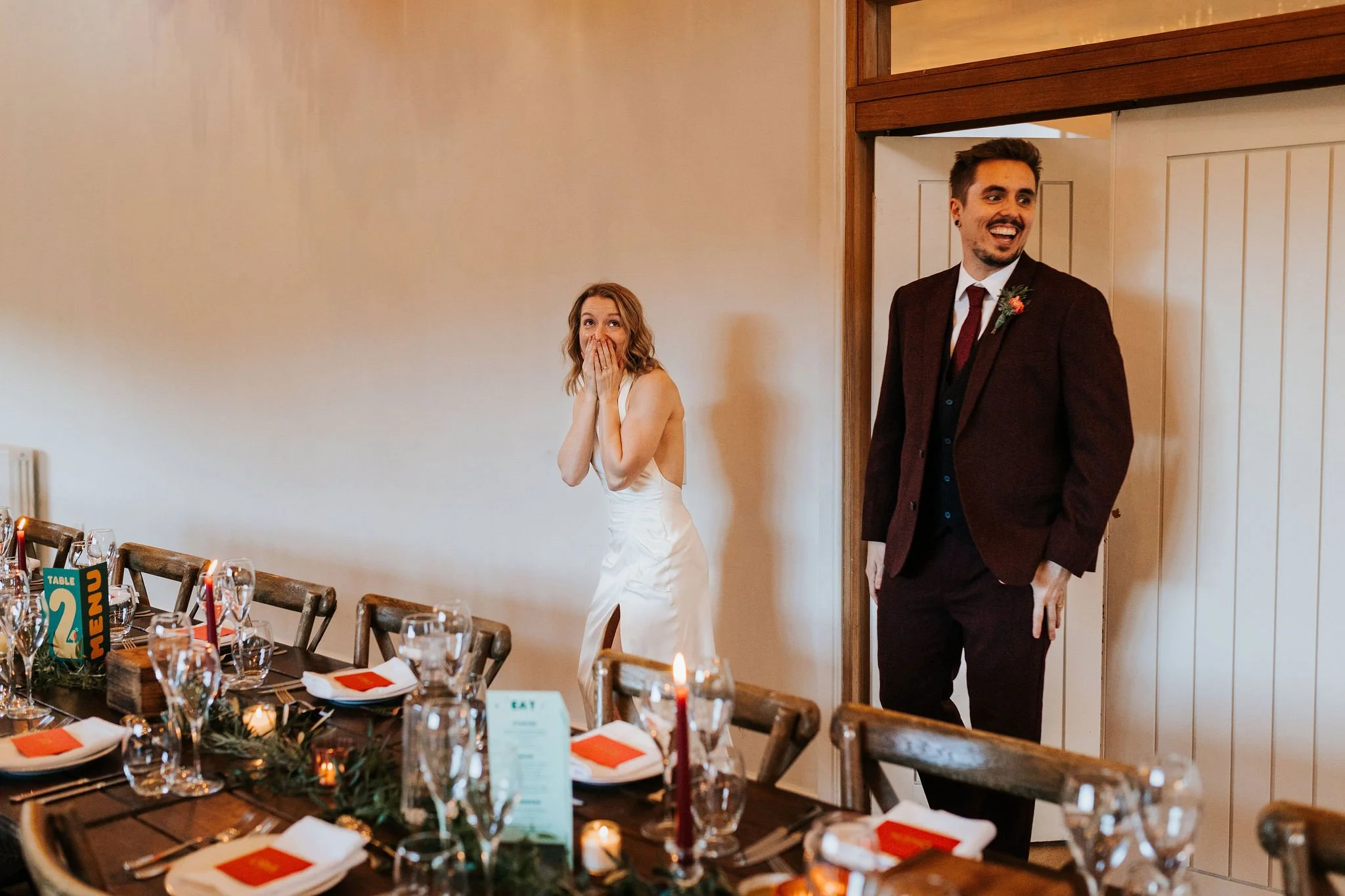 couple seeing wedding meal for the first time