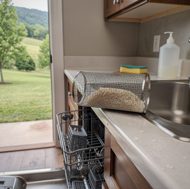 open dishwasher showing food debris on lower filter
