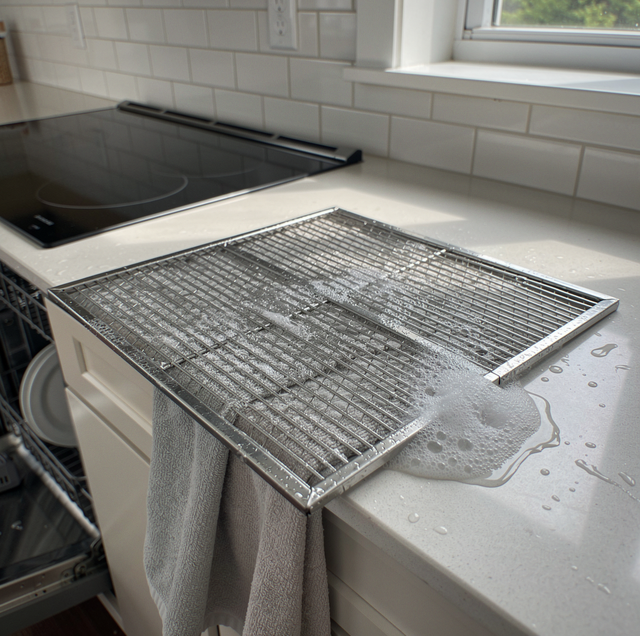 clogged kitchen range hood filter with grease buildup