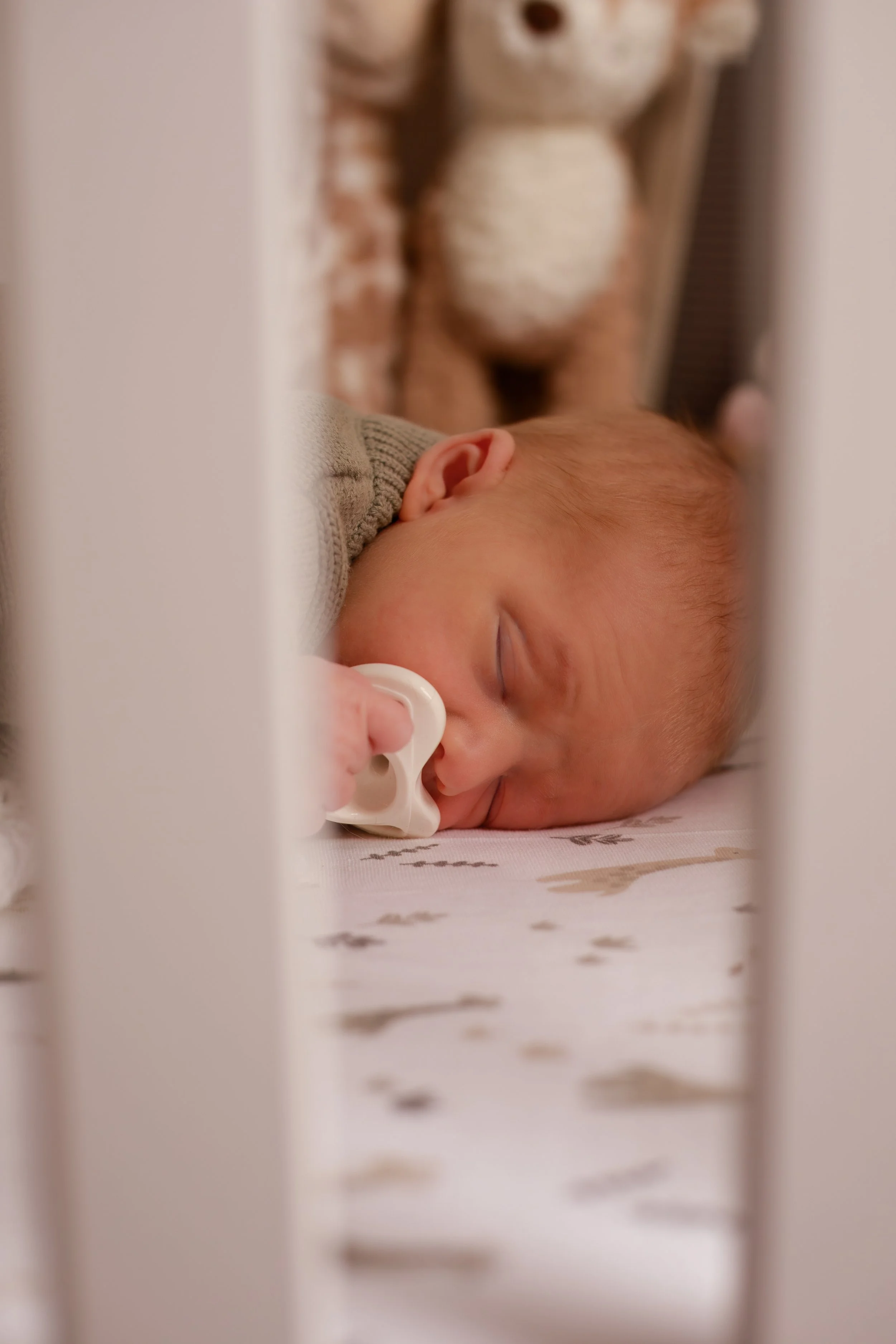 A sleeping baby lying on a bed with a pacifier in its mouth, seen through the bars of a crib, with a stuffed animal in the background.