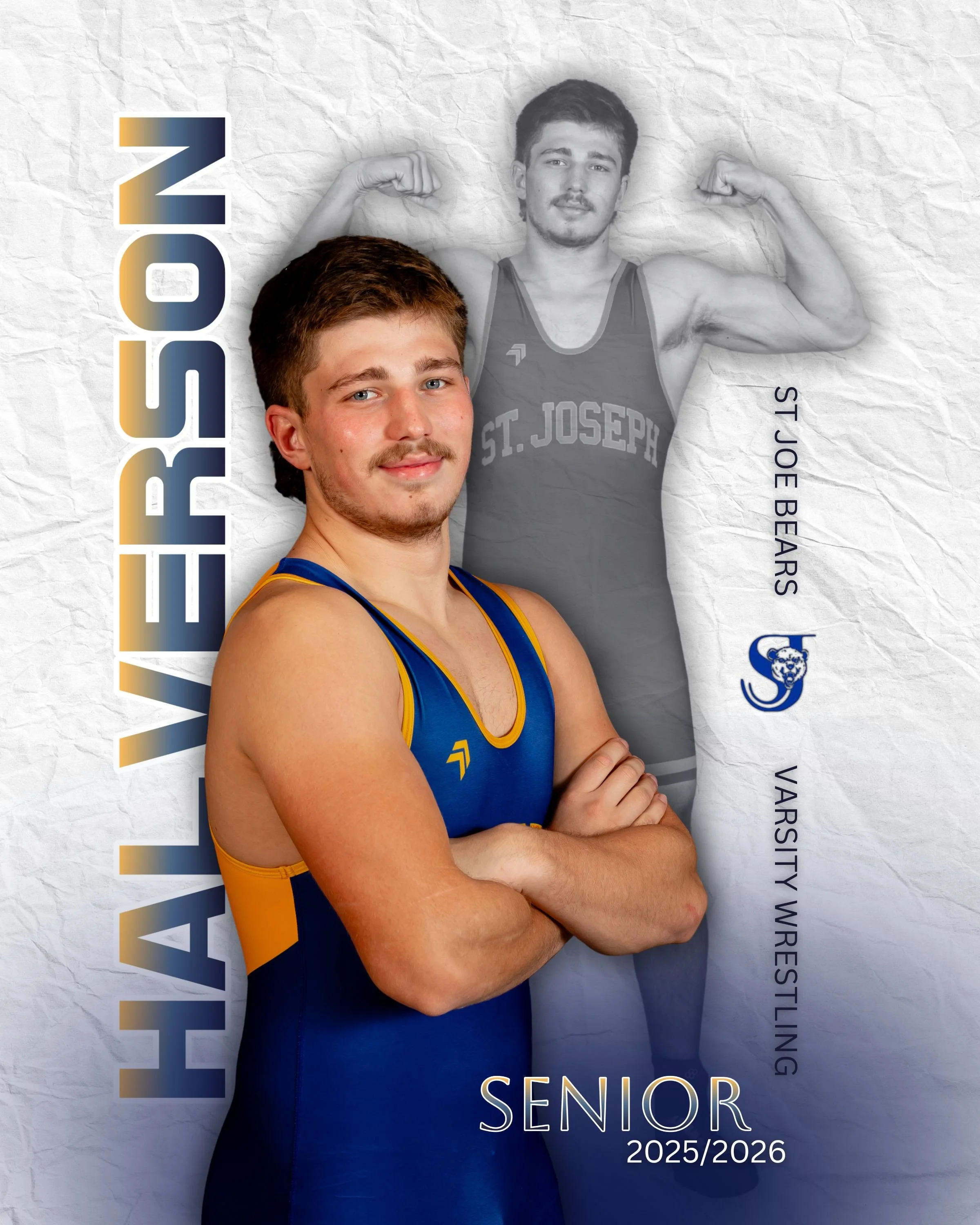 Young male wrestler in a blue and yellow singlet posing with arms crossed, with a semi-transparent older version of himself in a gray singlet flexing his biceps in the background, against a textured white background. Text references varsity wrestling