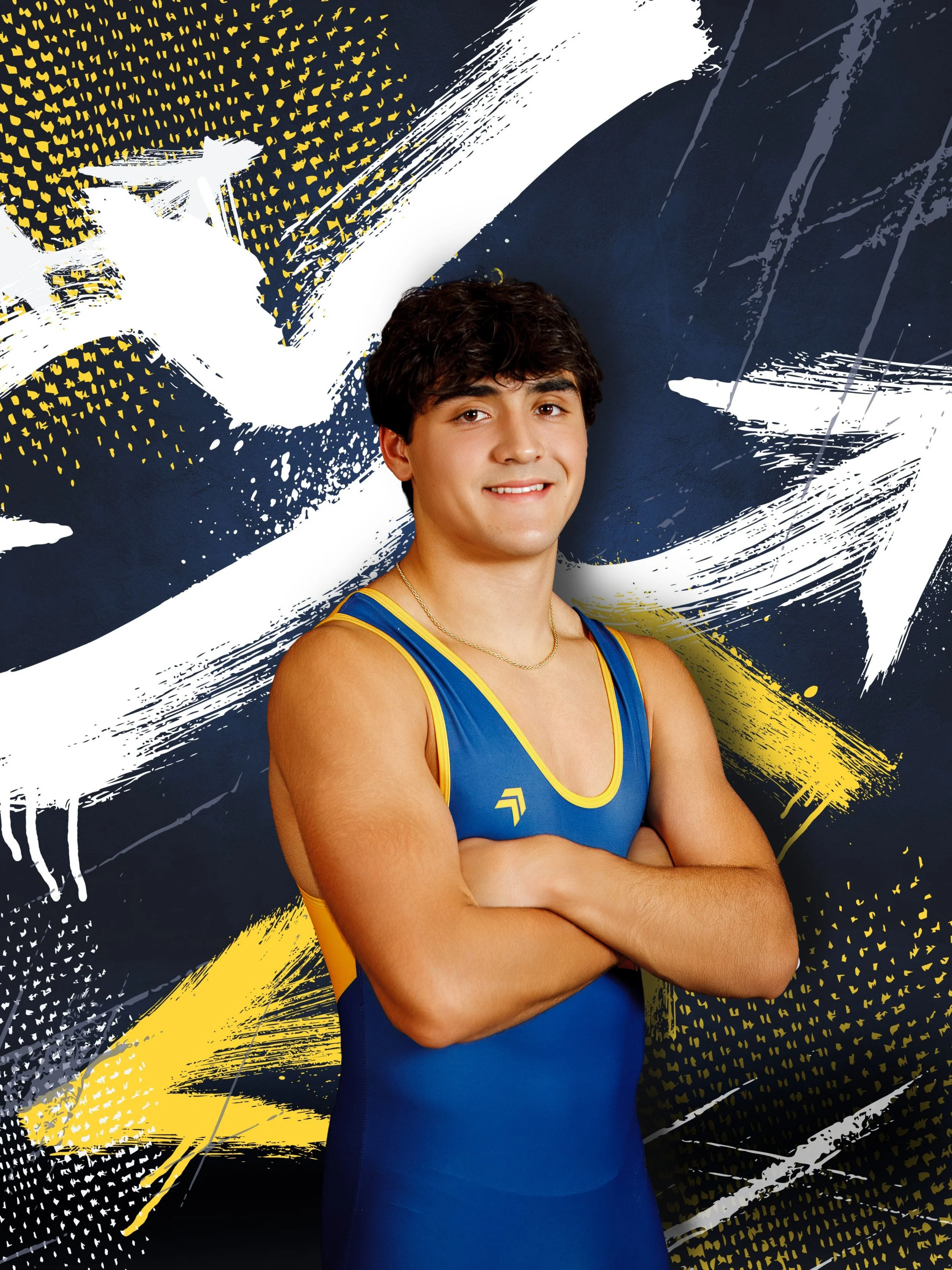 A young male athlete with dark hair, wearing a blue and yellow sports singlet, smiling with arms crossed, standing in front of an abstract, dynamic background with blue, yellow, white, and black splashes and patterns.