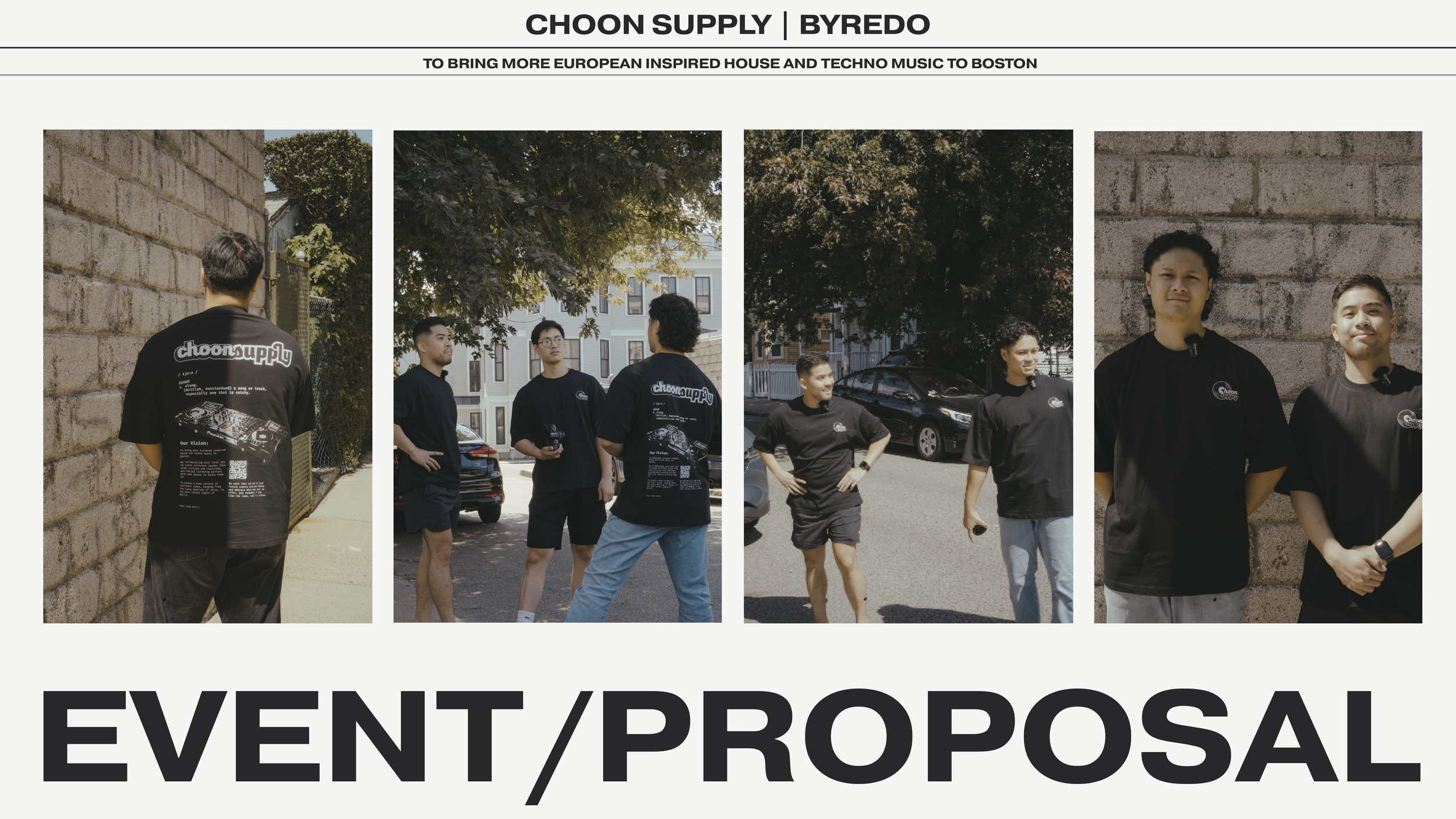 Group of five men standing outdoors under trees and against brick walls, wearing black T-shirts with 'choonsupply' branding, engaging in casual conversation and posing for photos.
