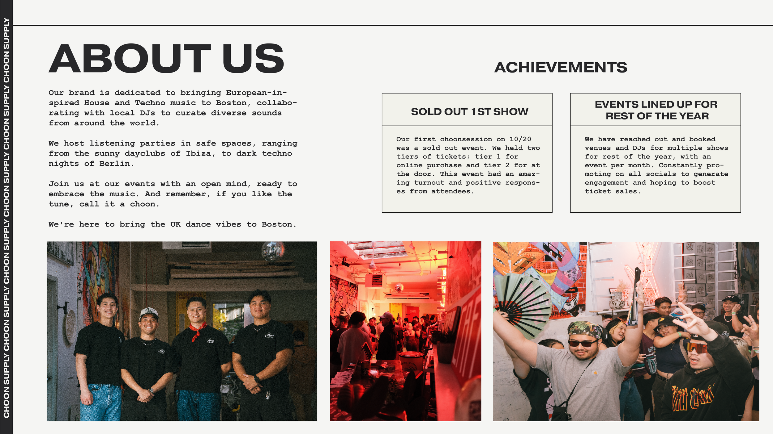 A website about a music event organization with text describing their focus on European-inspired house and techno music, hosting events in various safe spaces, and their achievements including a sold-out first show and ongoing events lined up for the