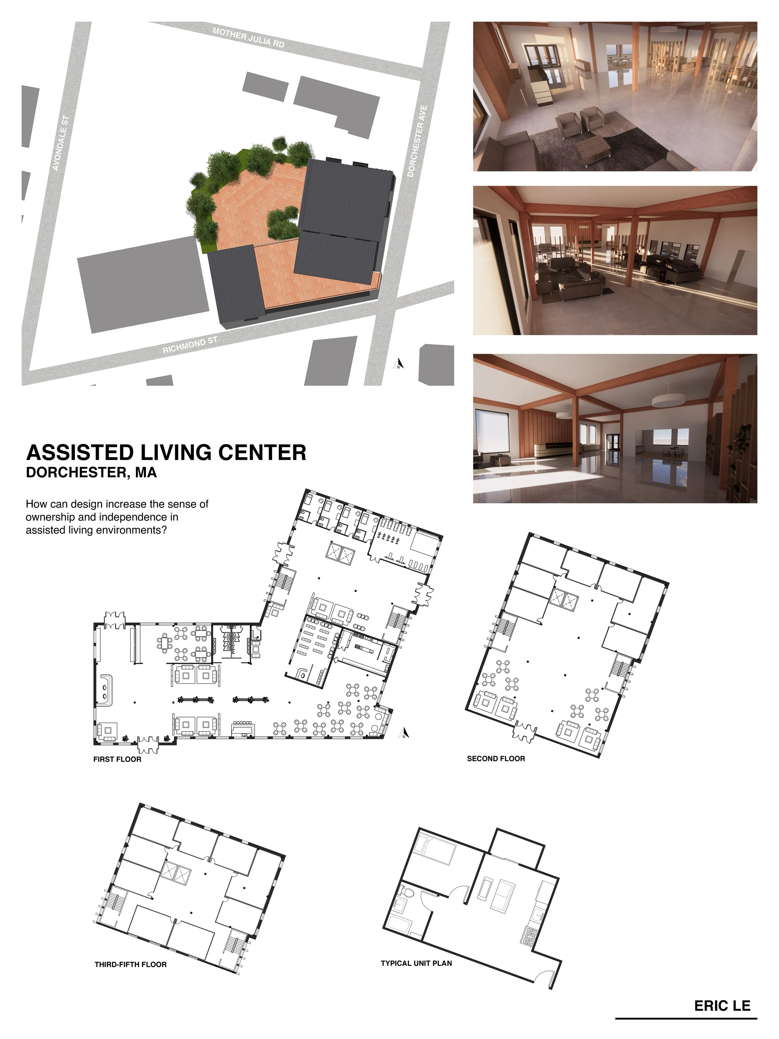 Layout and interior design plans for an assisted living center in Dorchester, MA, including site plans, floor plans, and rendered interior images of common areas.