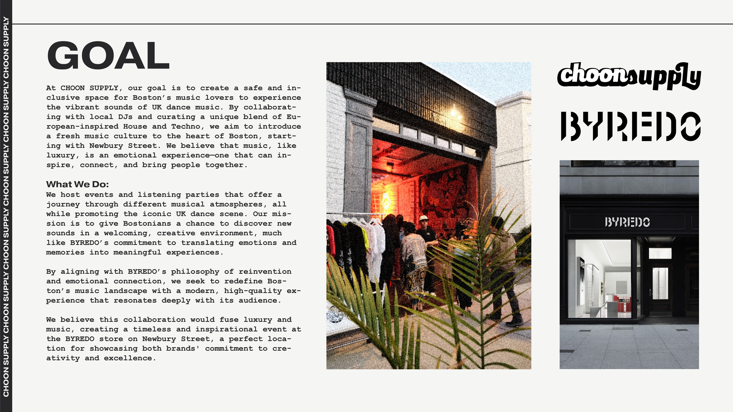 A promotional poster for CHOON SUPPLY and BYREDO featuring a description of their music event concept, with a photo of an outdoor crowd at a music venue and an indoor boutique storefront with BYREDO signage.