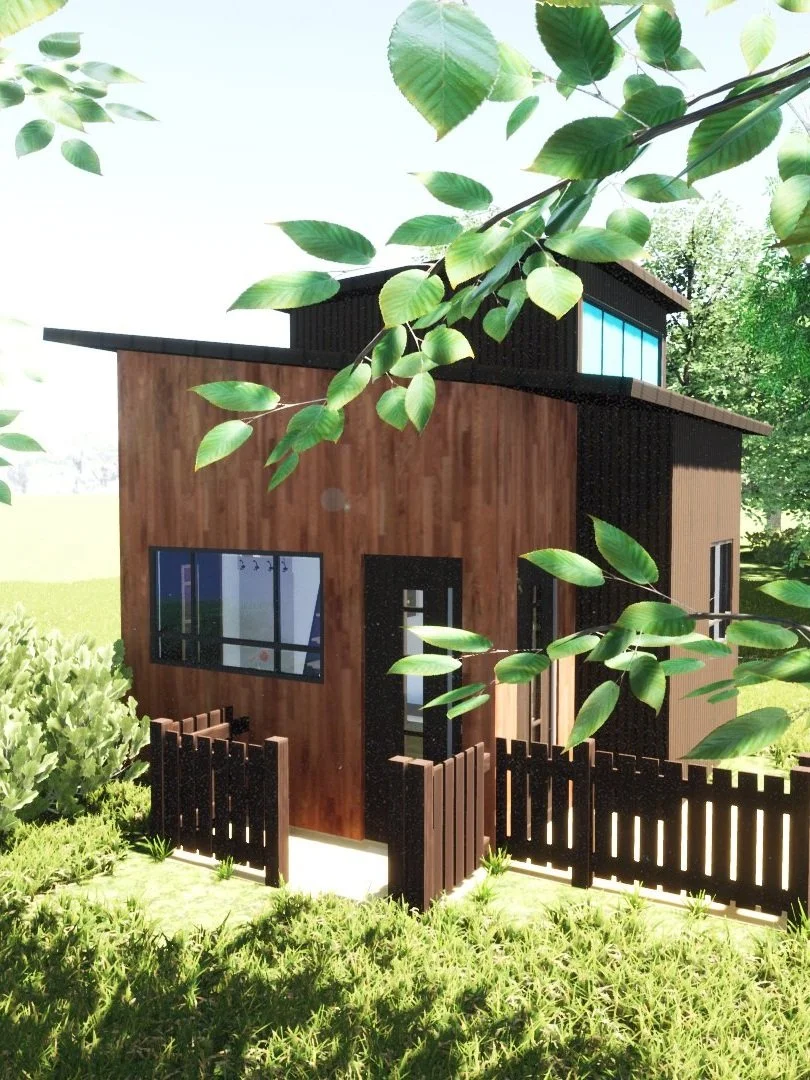 A modern tiny house with wooden and black exterior walls, surrounded by green grass and trees, with a small wooden fence in the front yard.
