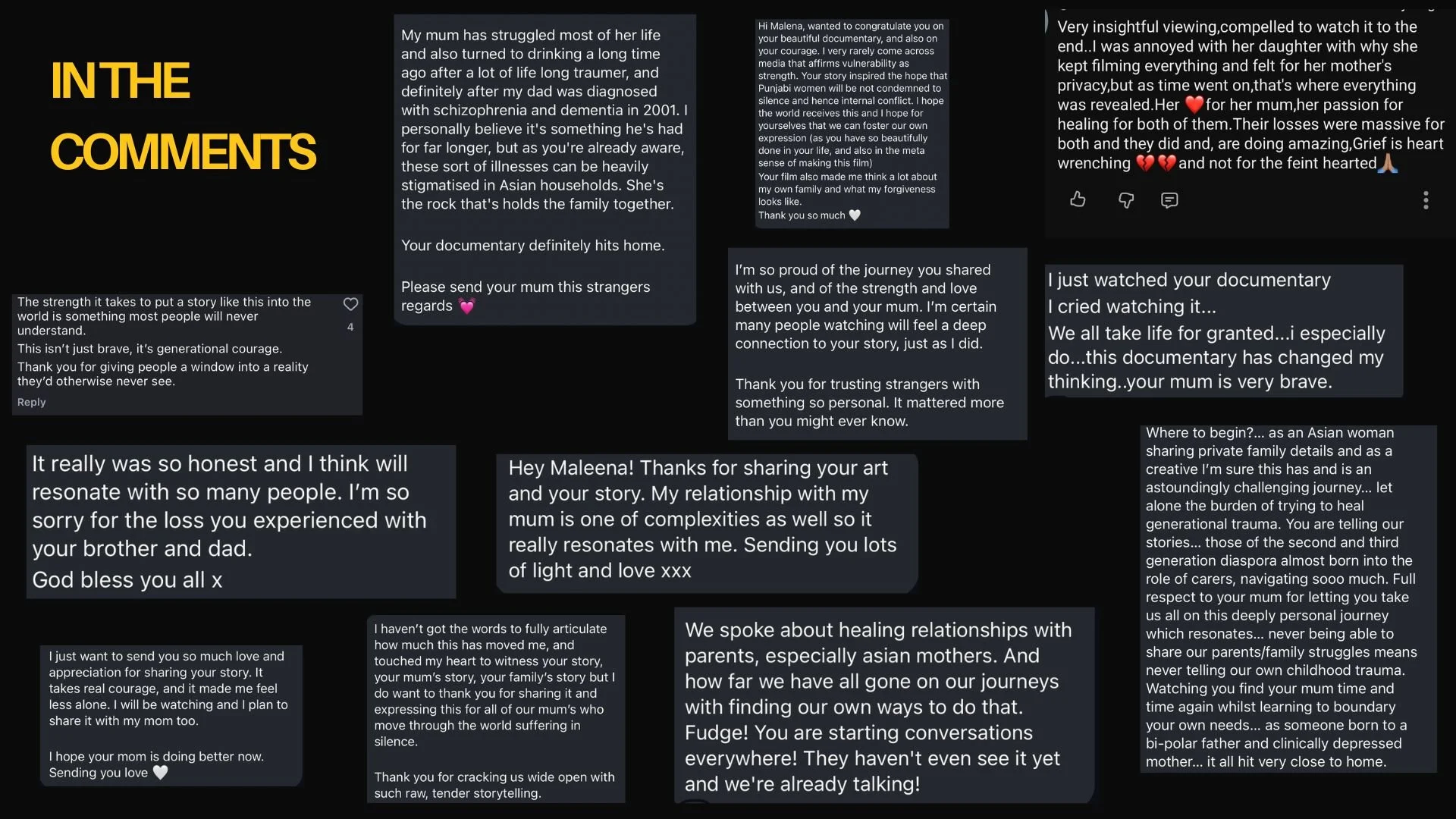 Screenshots of various comments and messages expressing support, appreciation, and gratitude for a documentary about family stories, struggles, and healing.