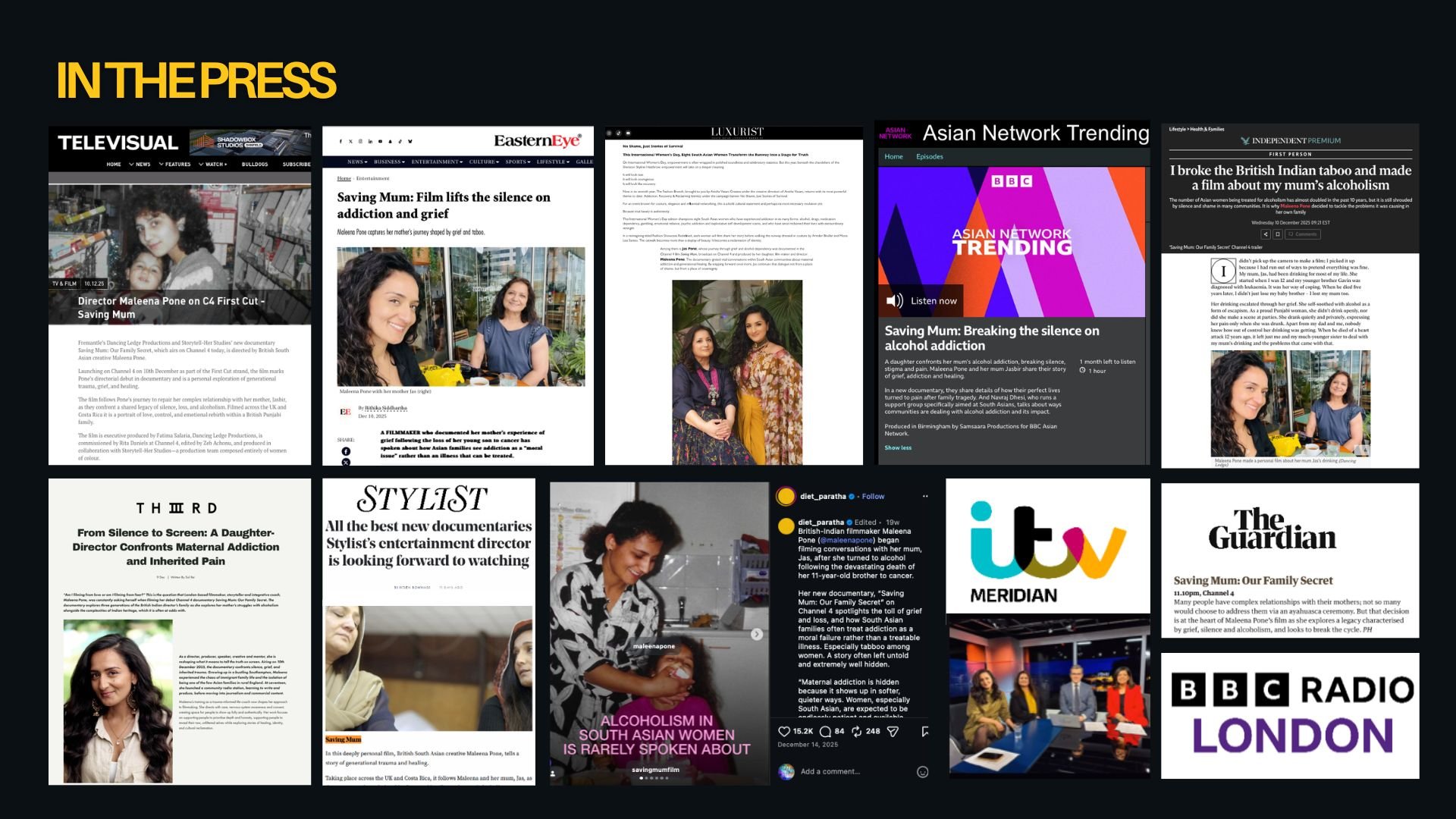 Collage of news headlines and images related to maternal addiction, documentary films, and Asian network trending, with logos of BBC Radio London and ITV Meridian.
