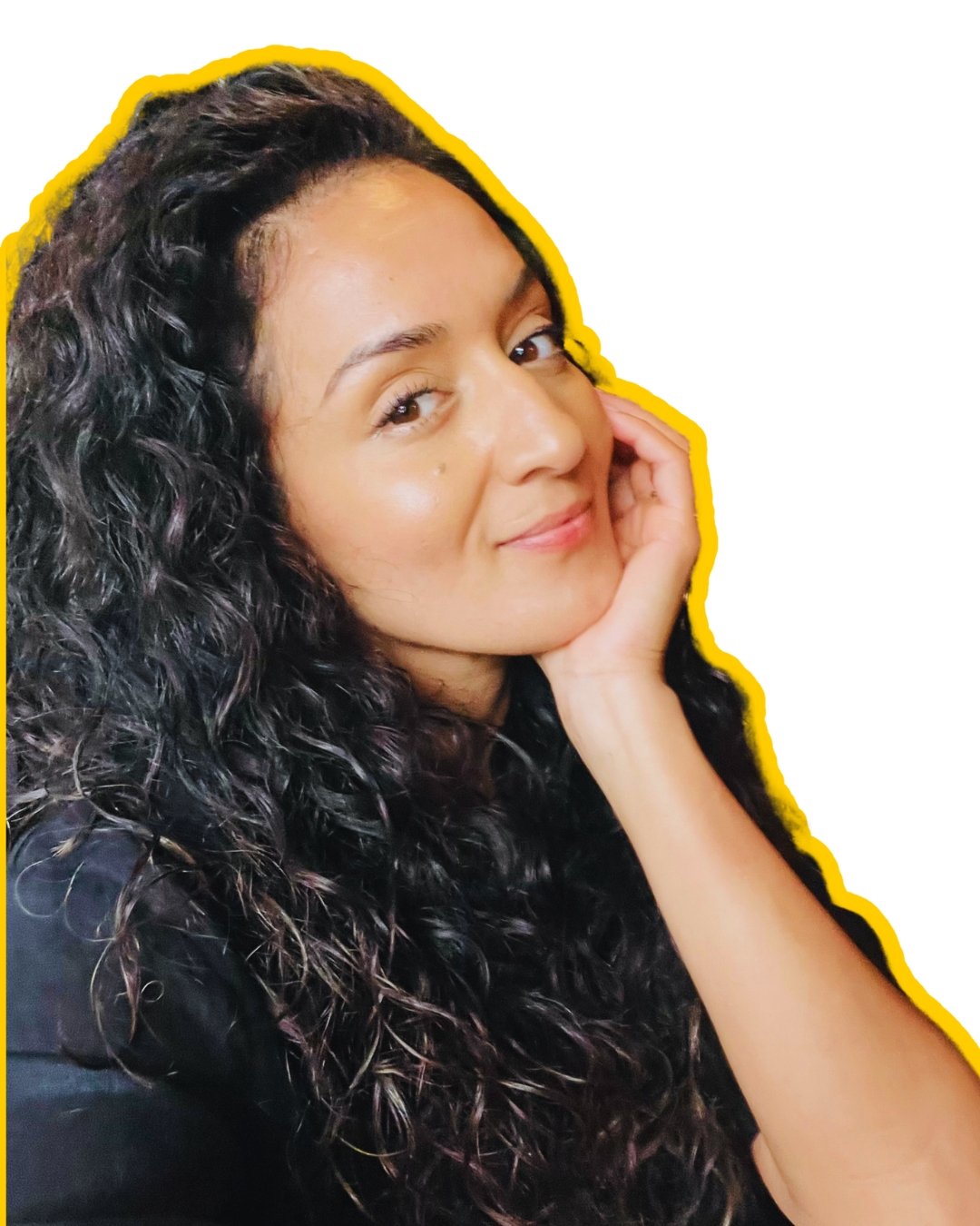 A woman with long, curly black hair smiling and resting her cheek on her hand, outlined in yellow.
