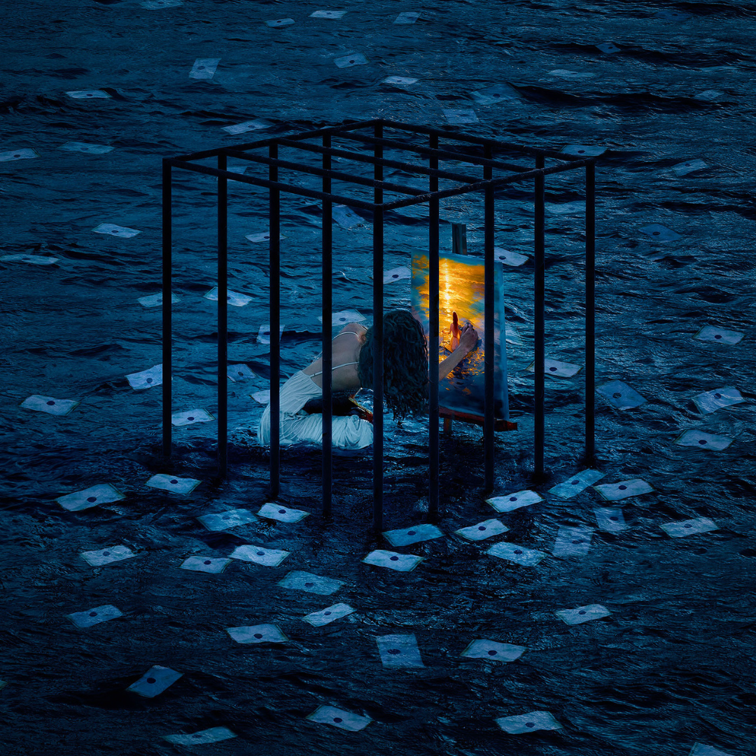 A woman inside a cage in the ocean, painting on a canvas that reflects a sunset, with scattered banknotes floating on the water.
