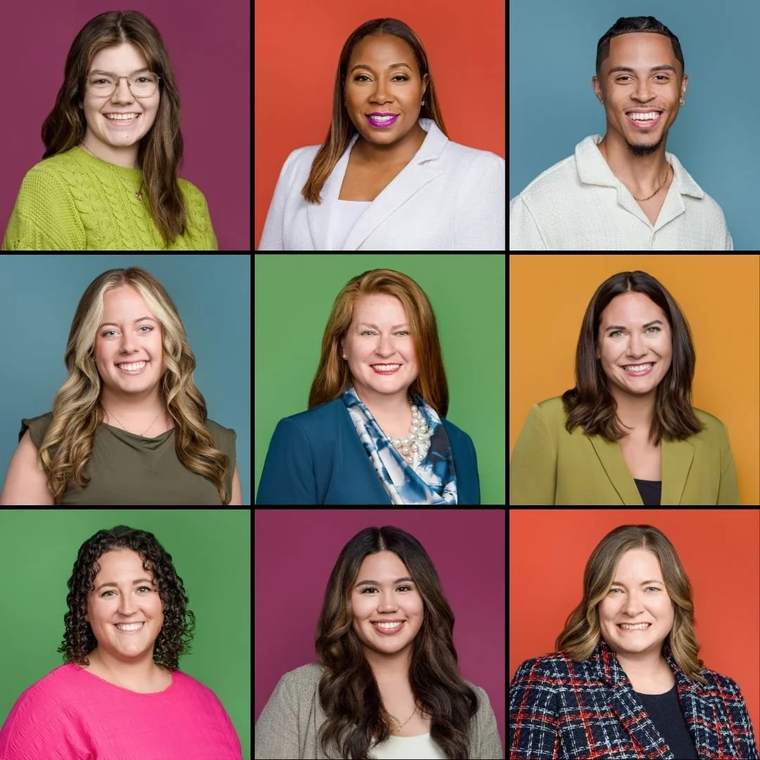 Collection of nine diverse women and men smiling, arranged in a 3x3 grid with colorful backgrounds.