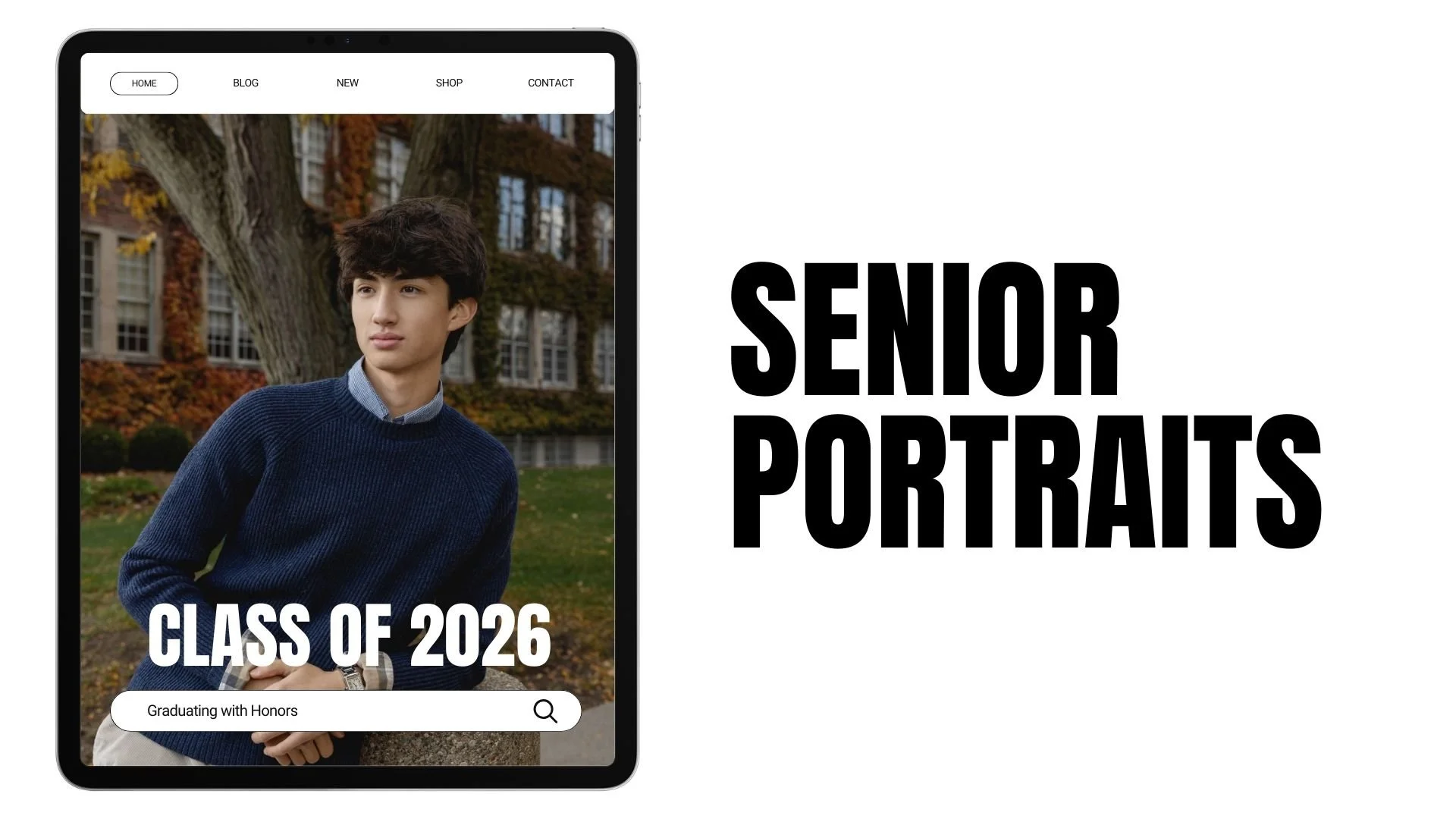 Photograph of a young man in a blue sweater standing outdoors with a large tree and a building in the background, overlaid with text 'Class of 2026' and a search bar.