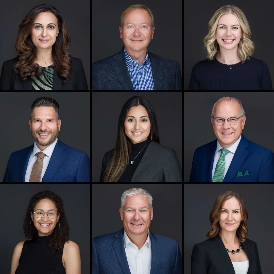 Collage of nine professionally dressed individuals, three rows and three columns, against dark gray backgrounds.