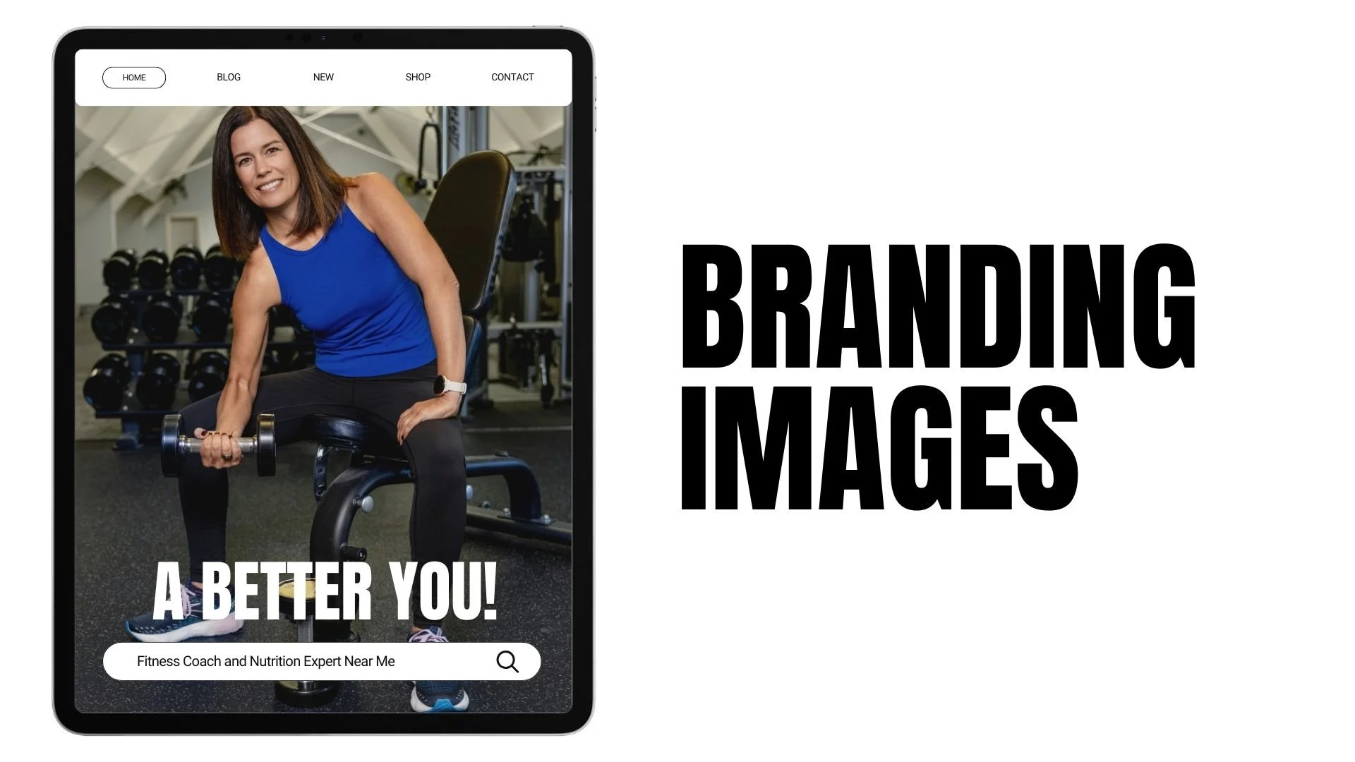 A woman in a blue tank top and black pants sitting on a workout bench in a gym, holding a dumbbell, with a background of gym equipment and weights.