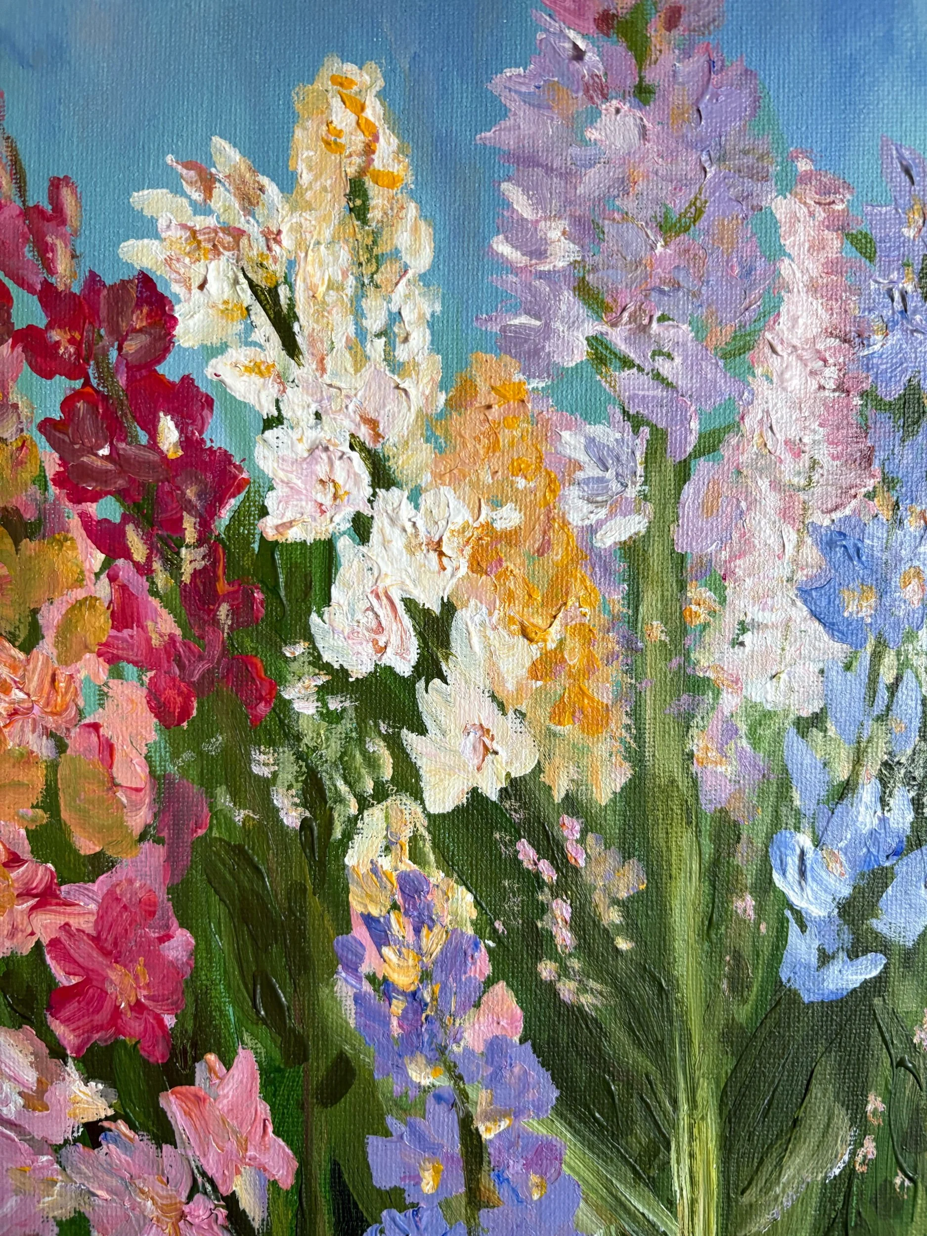 detail shot of Spring Breeze original abstract acrylic painting of delphiniums on canvas by Maryland artist Sahar Boussard