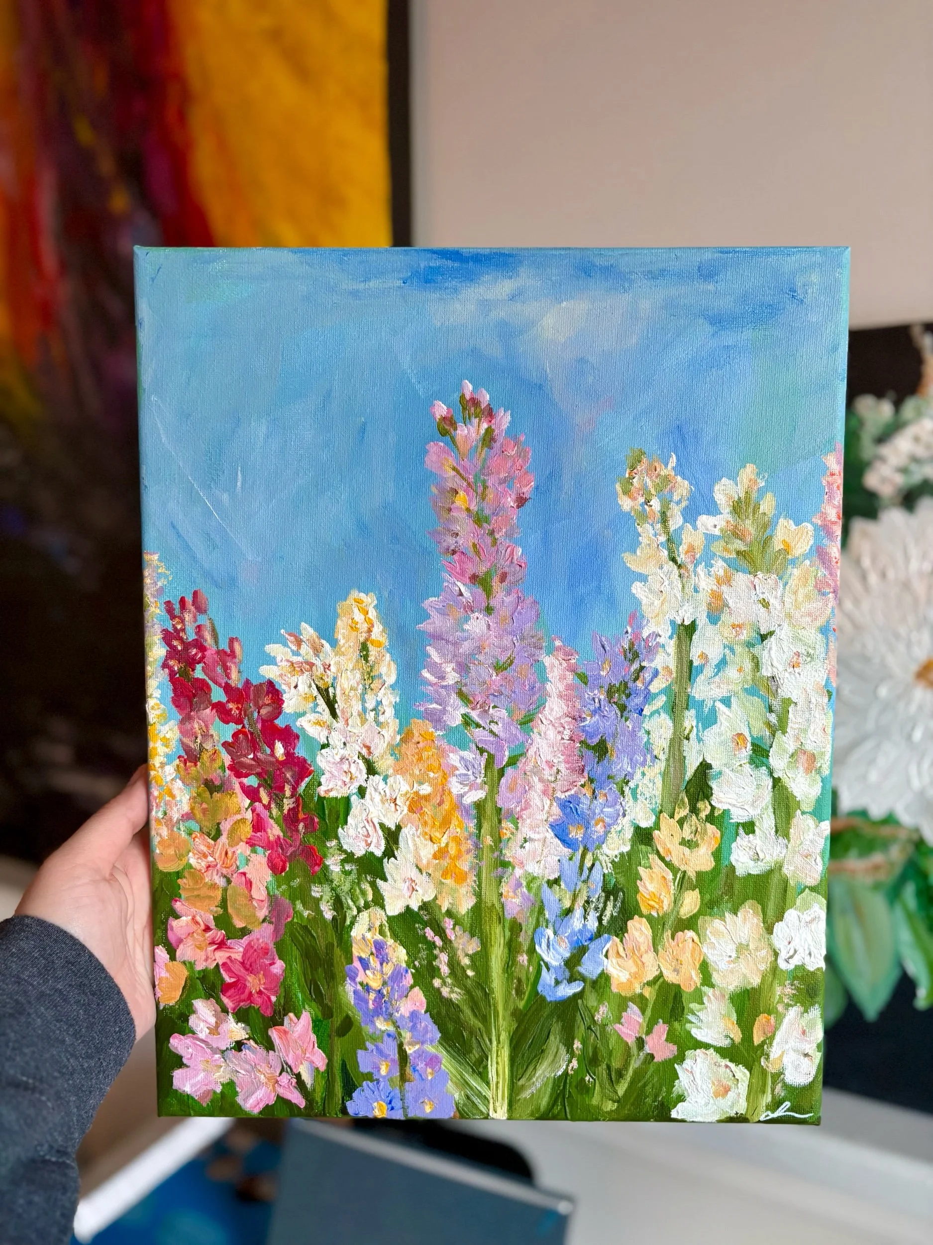 Spring Breeze original abstract acrylic painting of delphiniums on canvas by Maryland artist Sahar Boussard