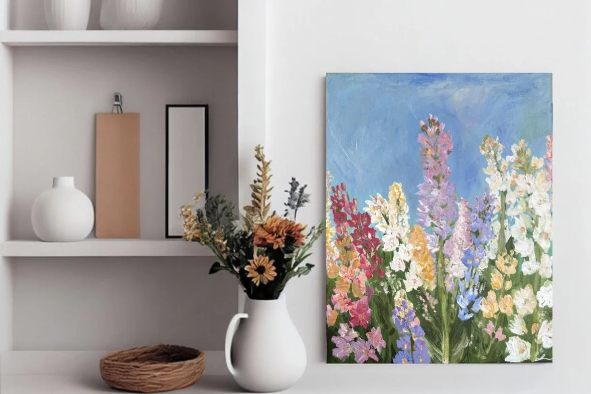 original abstract acrylic painting of delphiniums by artist Sahar Boussard, shown in situ