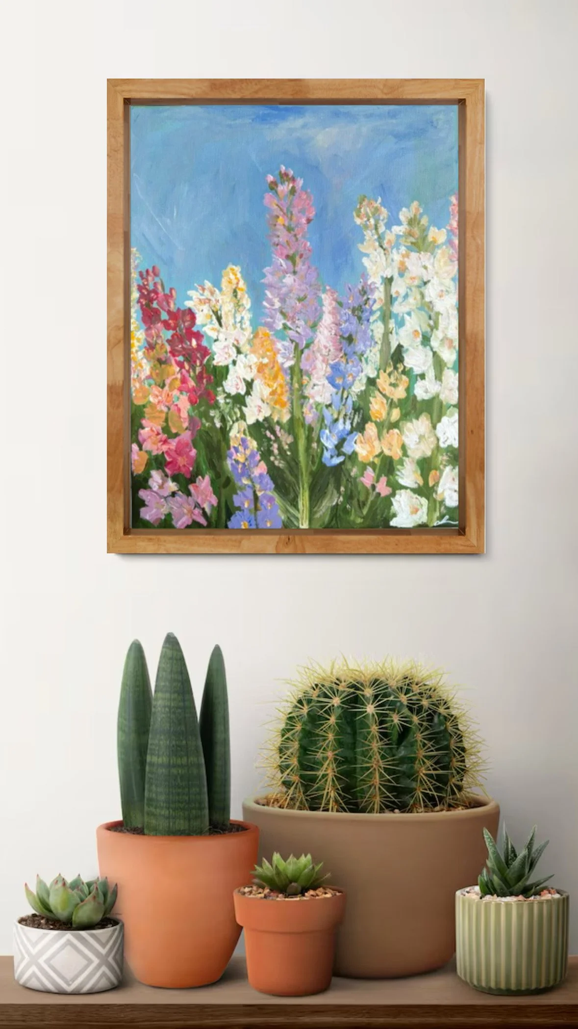 original abstract acrylic painting of delphiniums by artist Sahar Boussard, shown in situ