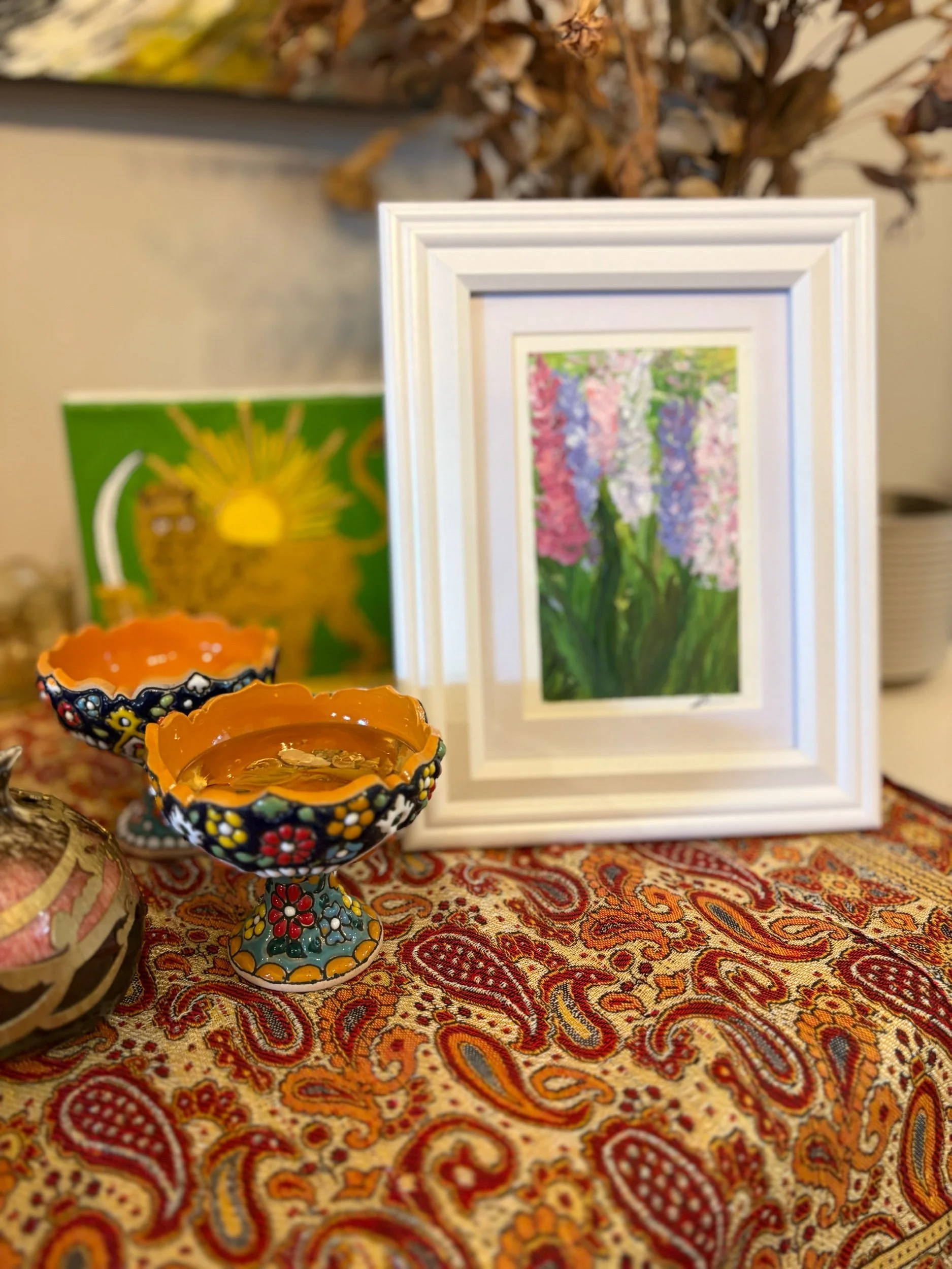 original abstract acrylic painting of hyacinths on paper by artist Sahar Boussard, shown in situ