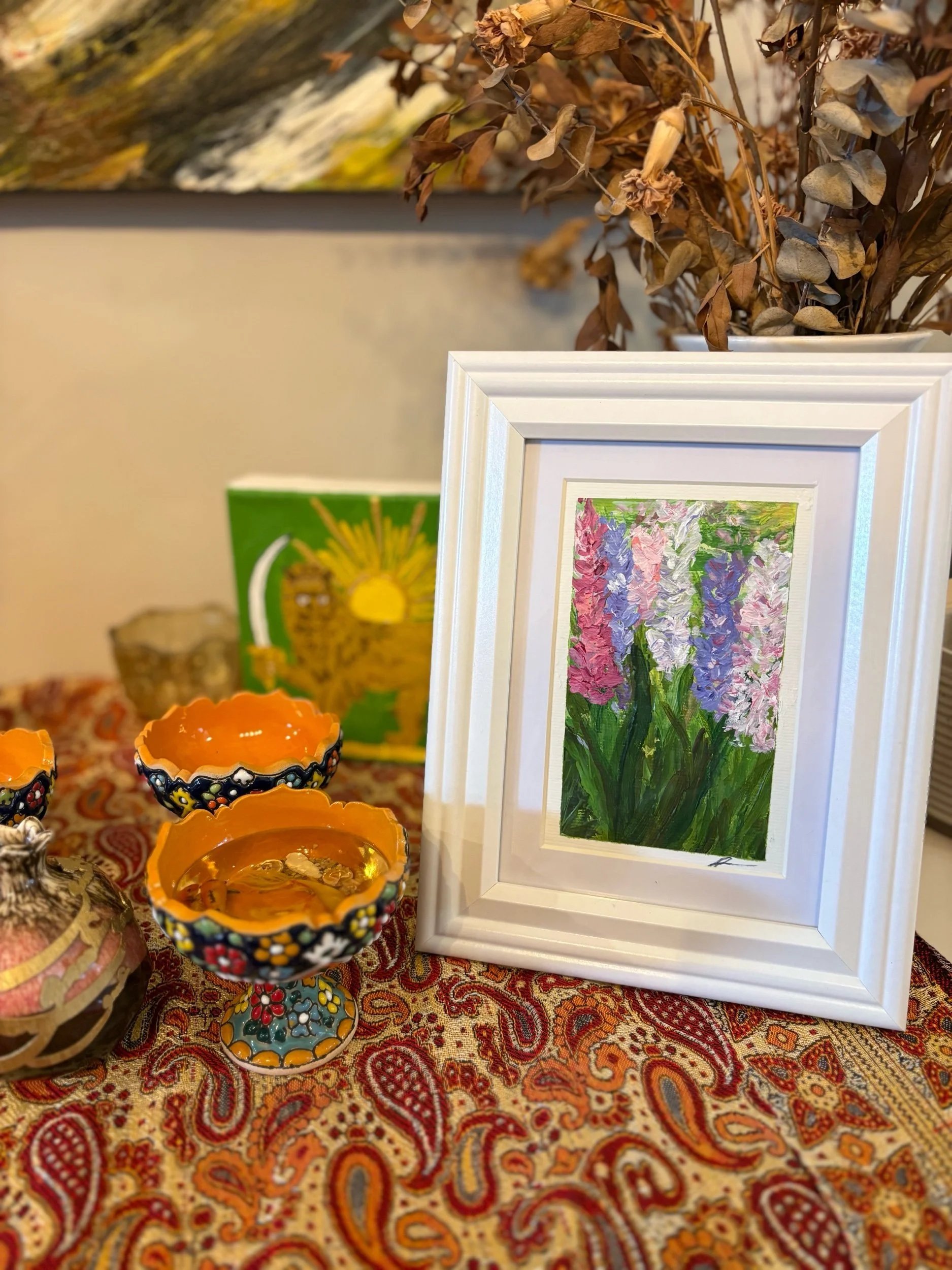original abstract acrylic painting of hyacinths on paper by artist Sahar Boussard, shown in situ