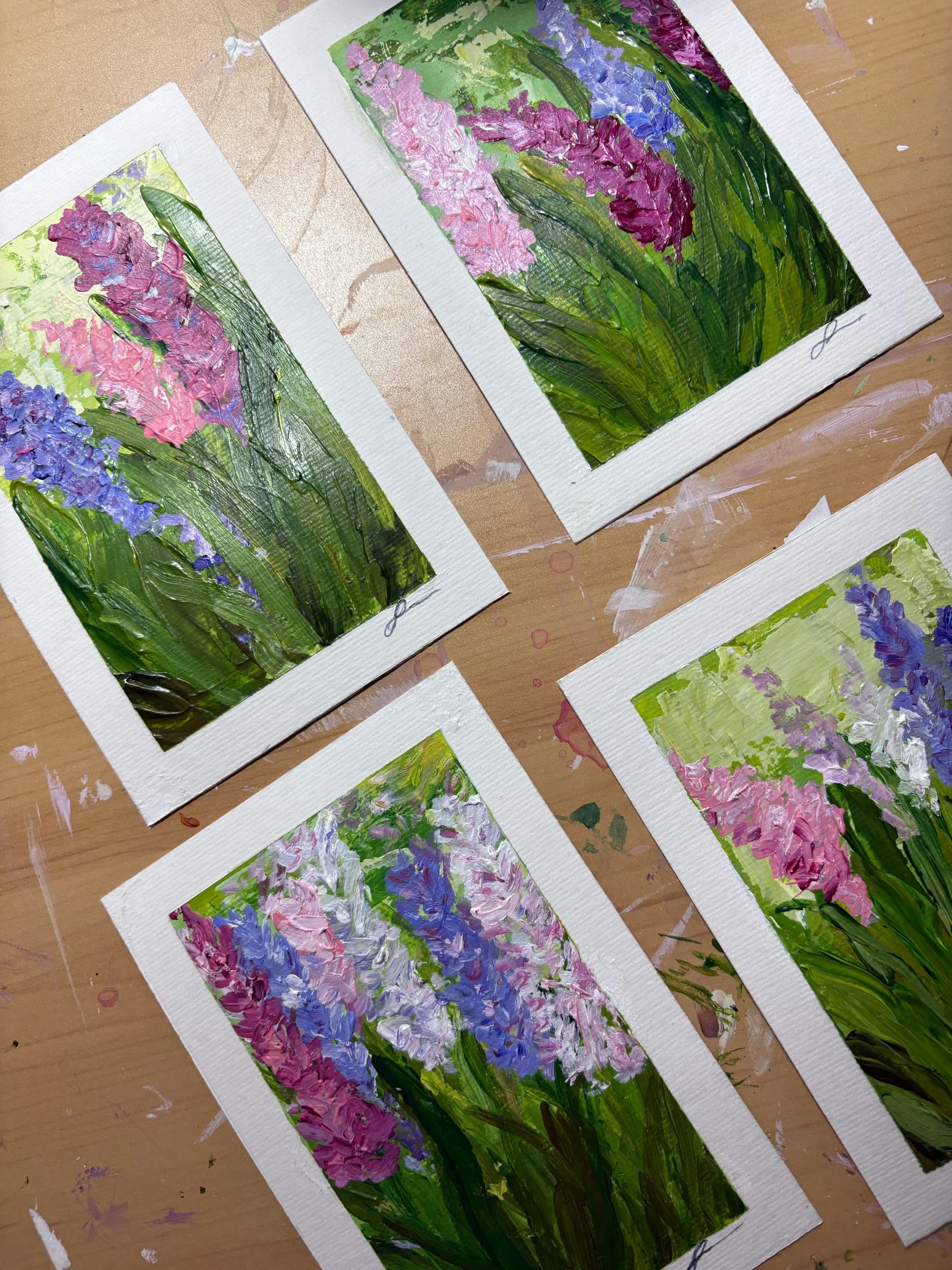 detail image of all 4 original original abstract acrylic paintings of hyacinths on paper by artist Sahar Boussard