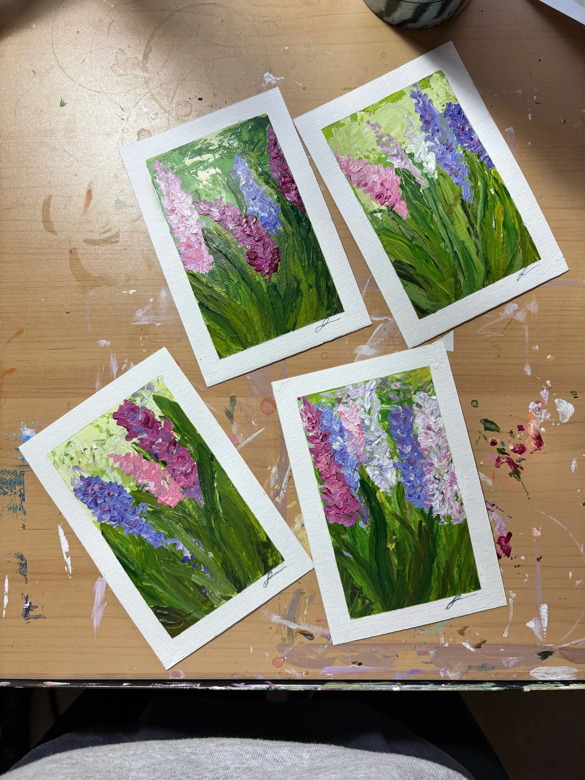 image of all 4 original original abstract acrylic paintings of hyacinths on paper by artist Sahar Boussard