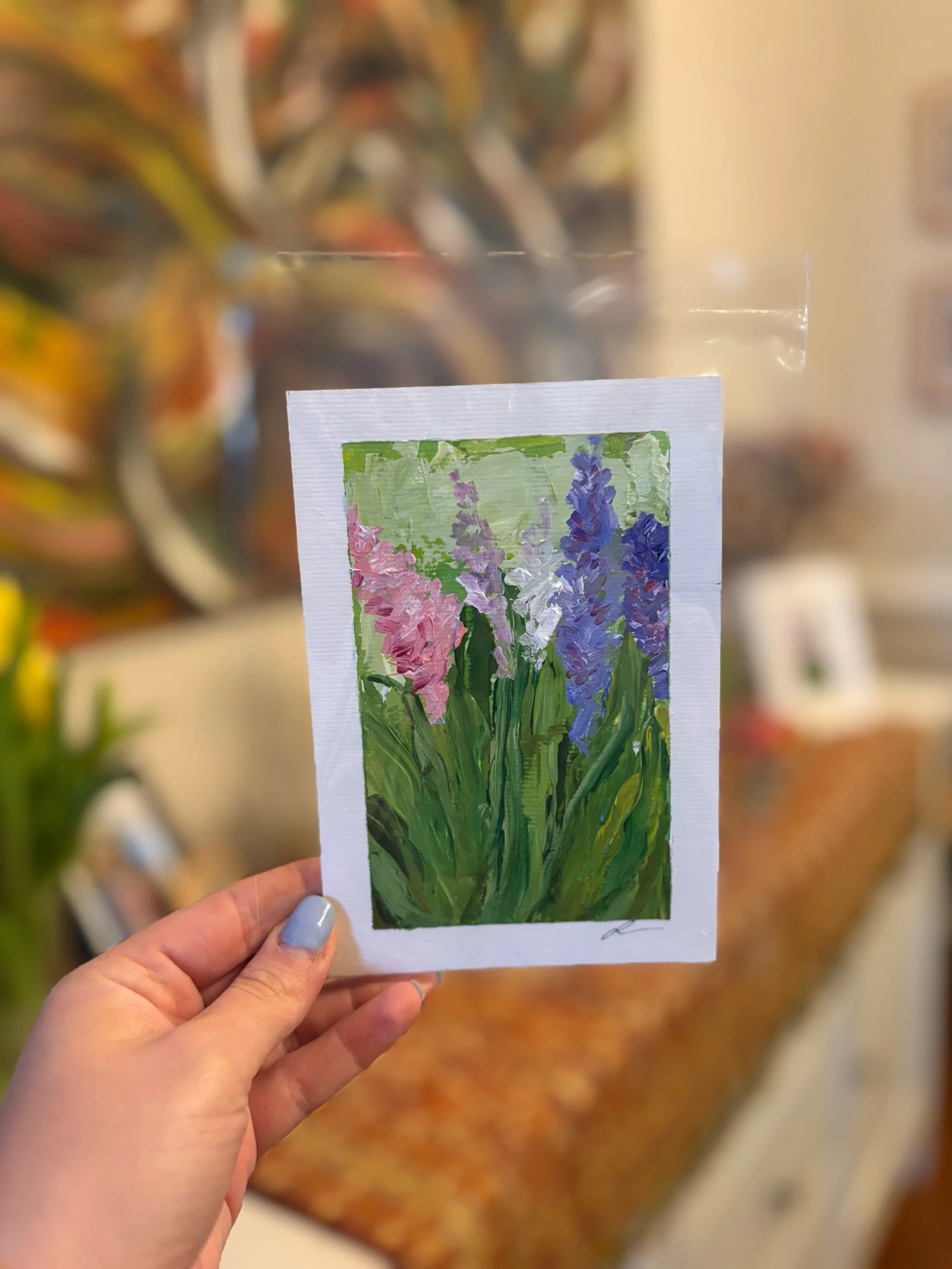 original abstract acrylic painting of hyacinths on paper by artist Sahar Boussard