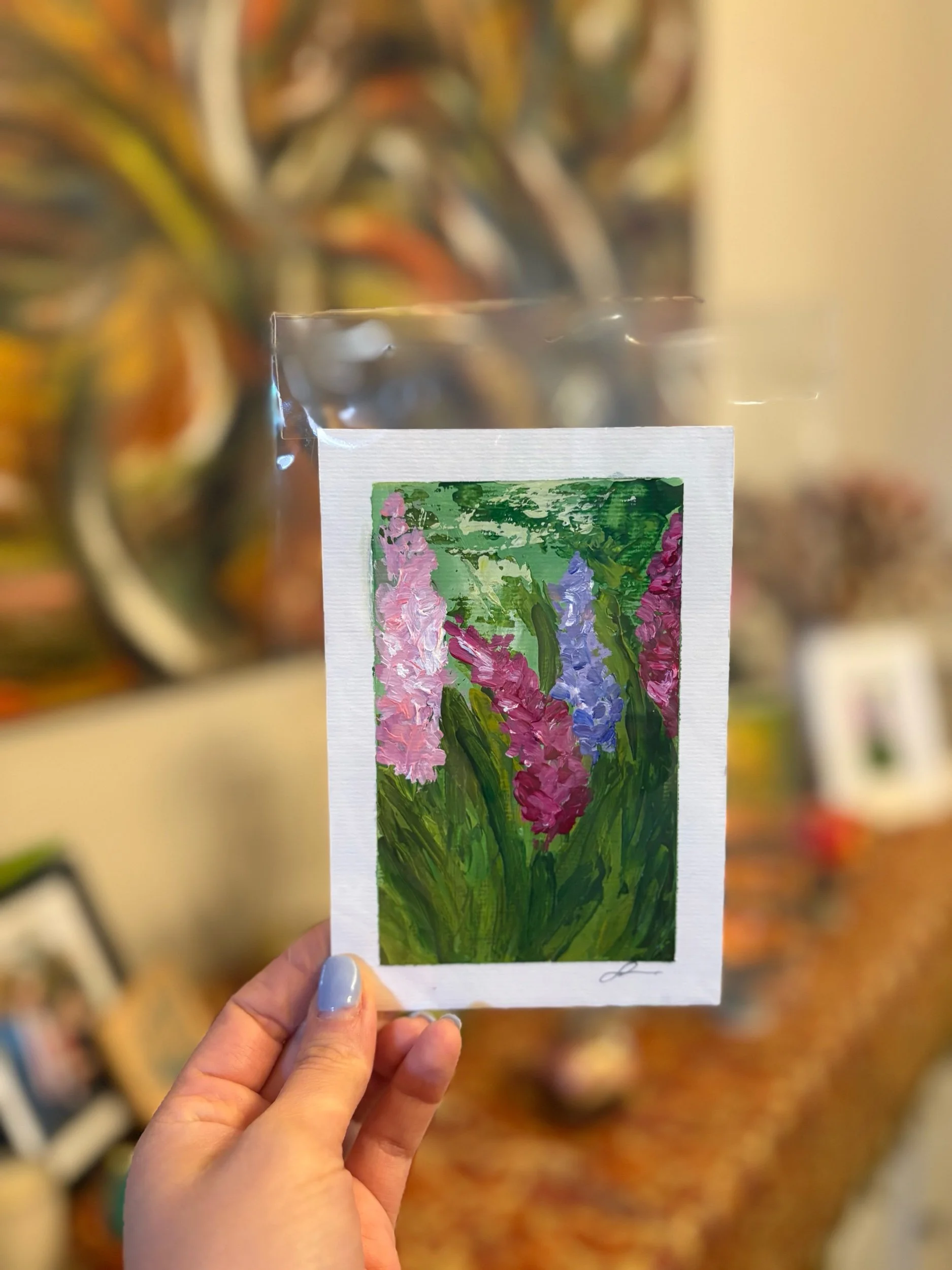 original abstract acrylic painting of hyacinths on paper by artist Sahar Boussard